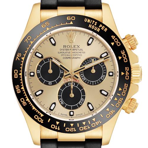 The Rolex Daytona 116518LN Men's Yellow Gold Champagne Dial watch is shown from the front, highlighting the dial, bezel, and subdials.