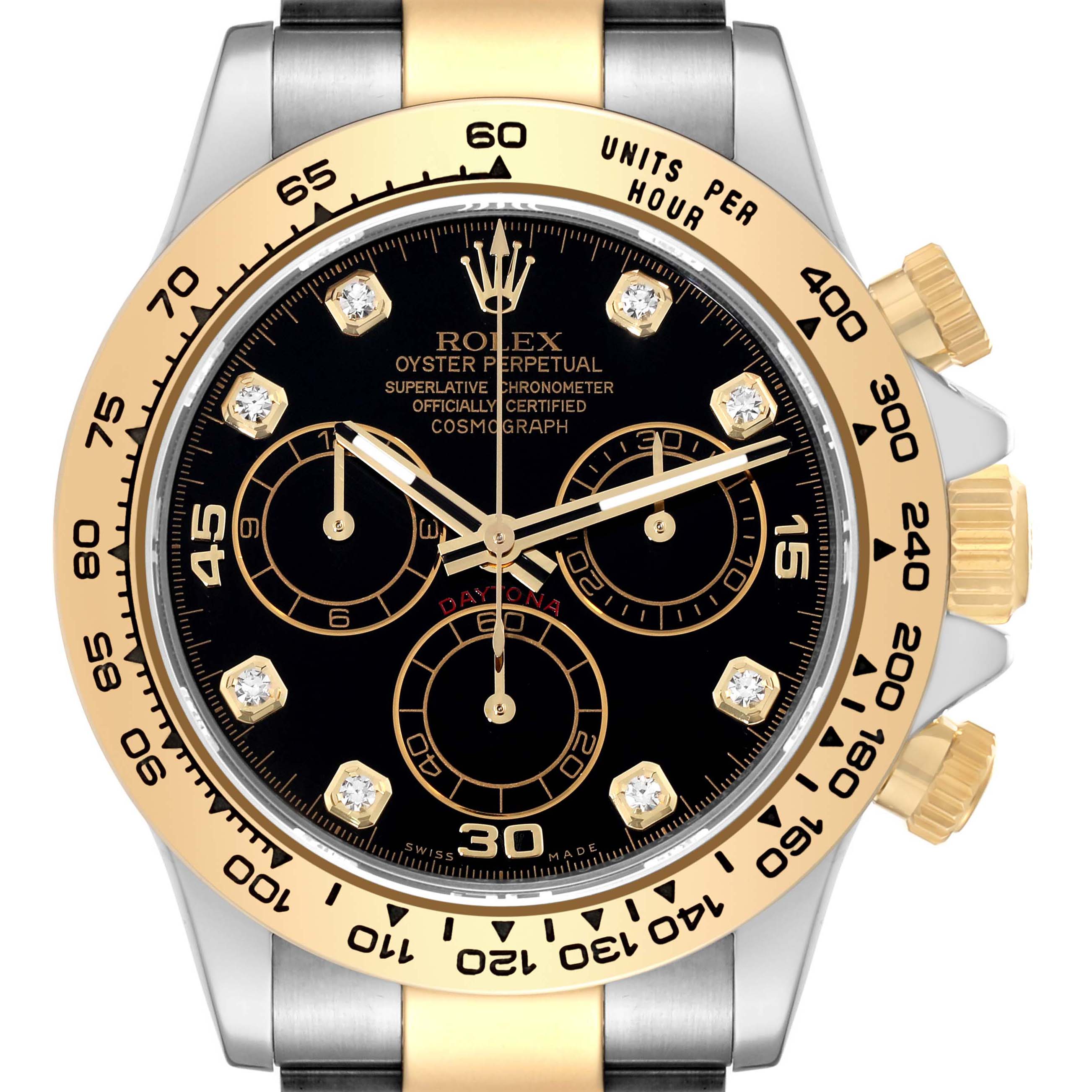 This image shows a front view of a Rolex Daytona 116503 Men's Steel and Gold (two tone) Black Dial 116503 Men's Steel and Gold (two tone) Black Dial watch, highlighting its black dial, gold bezel, and chronograph features.