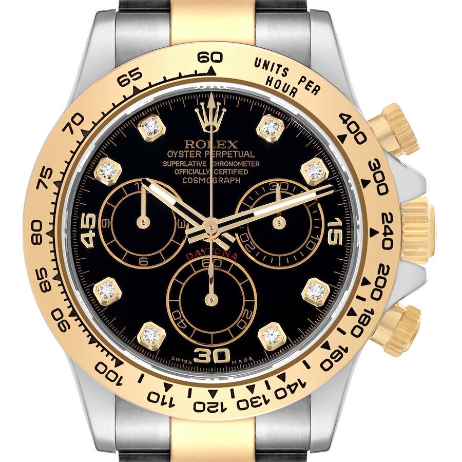 This image shows a front view of a Rolex Daytona watch, highlighting its black dial, gold bezel, and chronograph features.