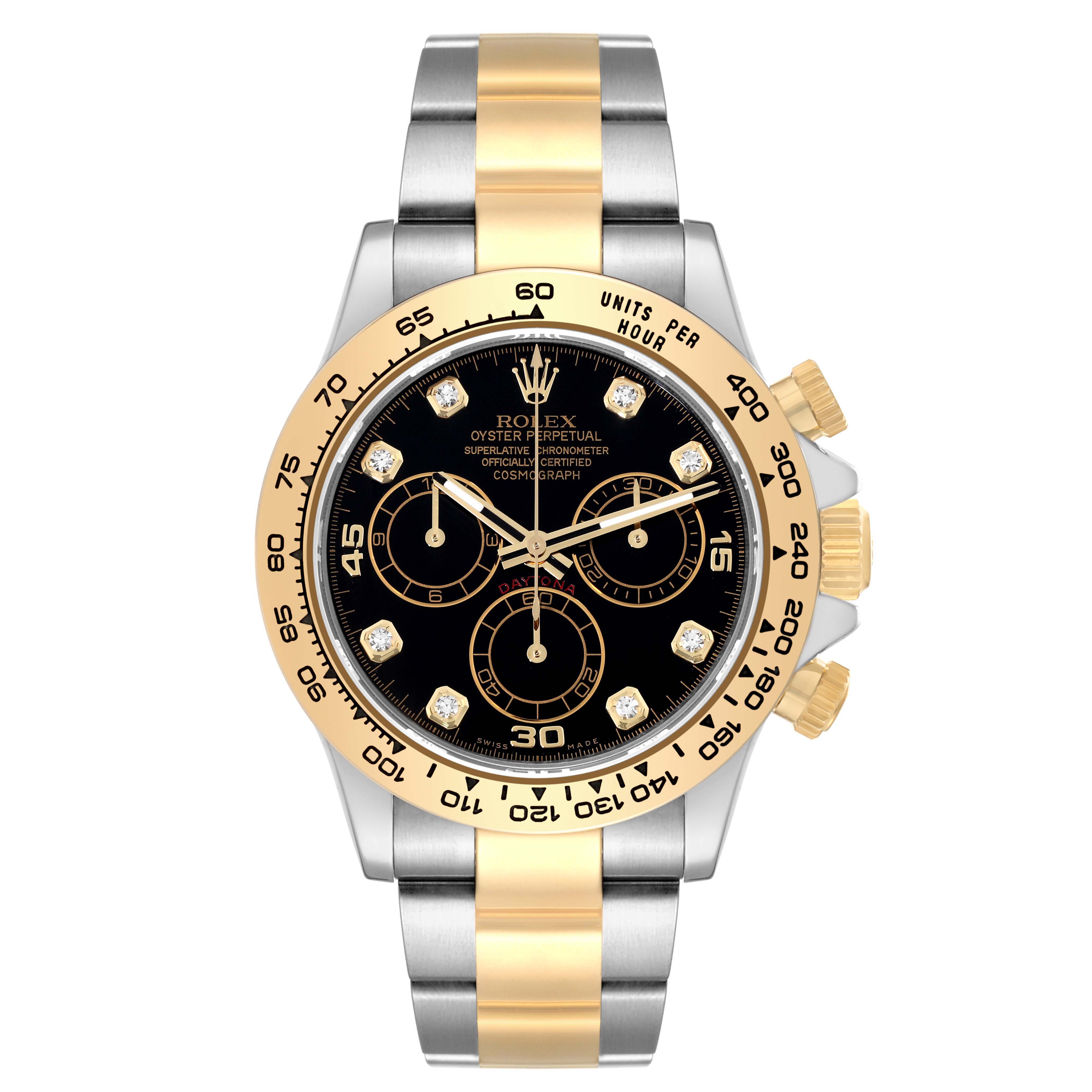 The image shows a front view of a Rolex Daytona 116503 Men's Steel and Gold (two tone) Black Dial 116503 Men's Steel and Gold (two tone) Black Dial watch, highlighting its black dial, gold accents, and two-tone bracelet.