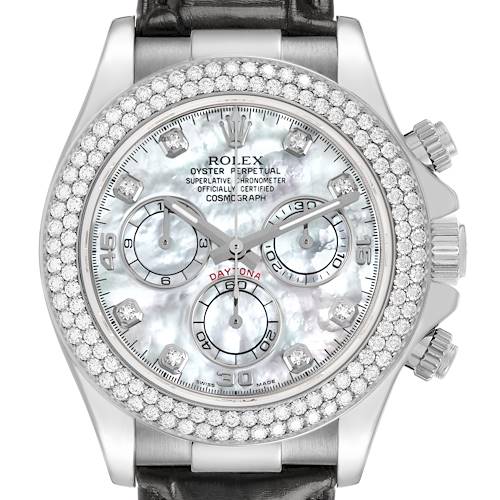 The Rolex Daytona 116589 Men's White Gold Mother of Pearl Dial watch is shown from a front angle, highlighting the dial, bezel, and subdials.