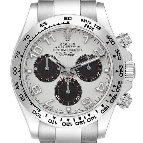 This image shows a frontal view of a Rolex Daytona 116509 Men's White Gold Silver Dial watch, highlighting the dial, bezel, and chronograph subdials.