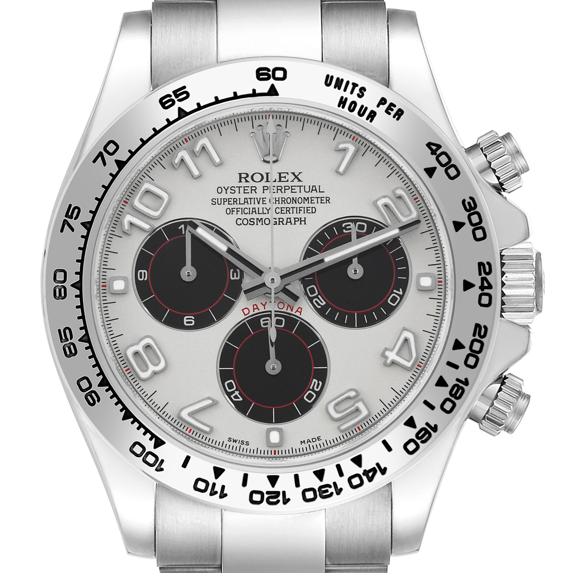 The Rolex Daytona 116509 Men
s White Gold Silver Dial watch is shown from a frontal angle, highlighting its dial, bezel, and pushers.