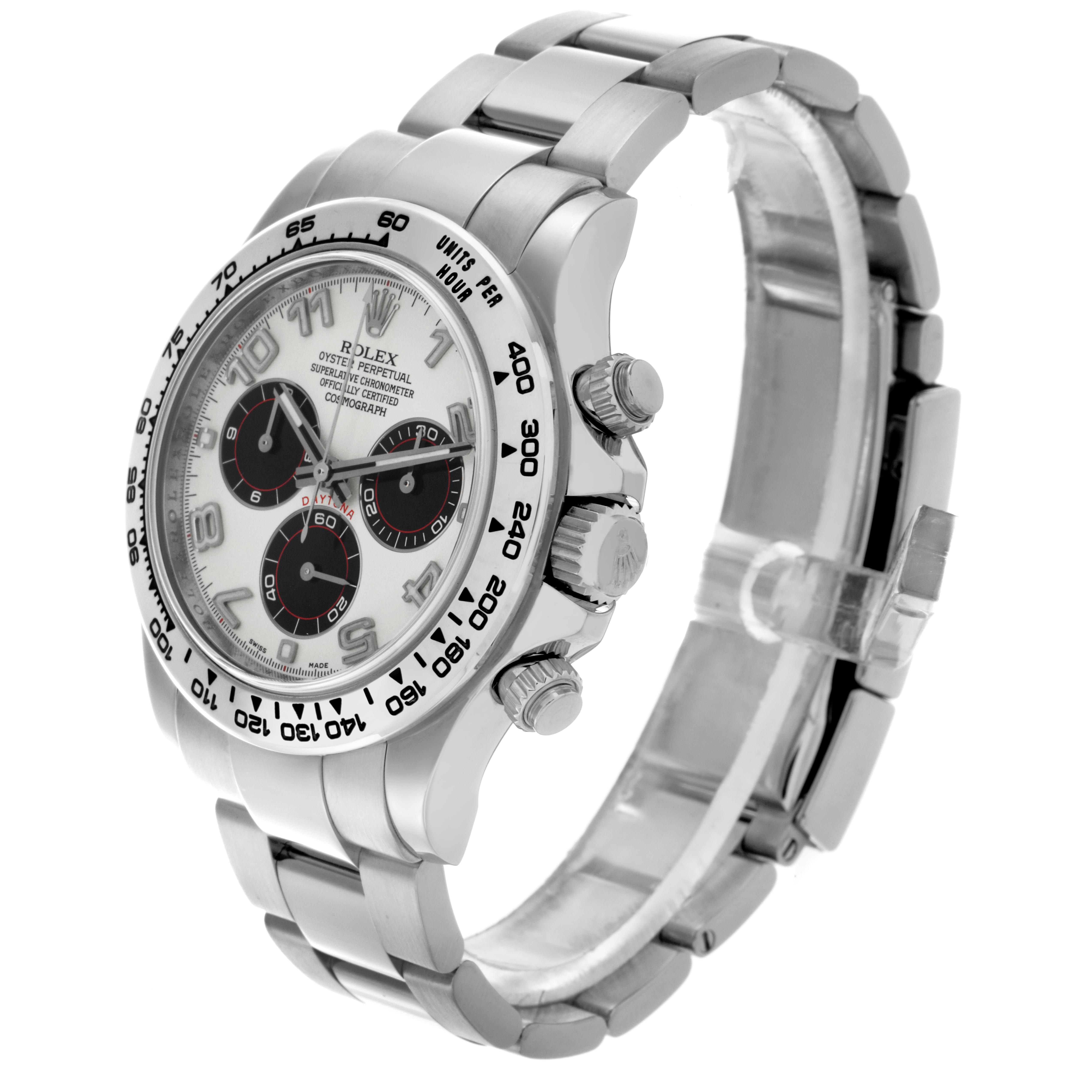 This image shows the Rolex Daytona 116509 Men
s White Gold Silver Dial from a three-quarter angle, highlighting the face, bezel, crown, pushers, and bracelet.