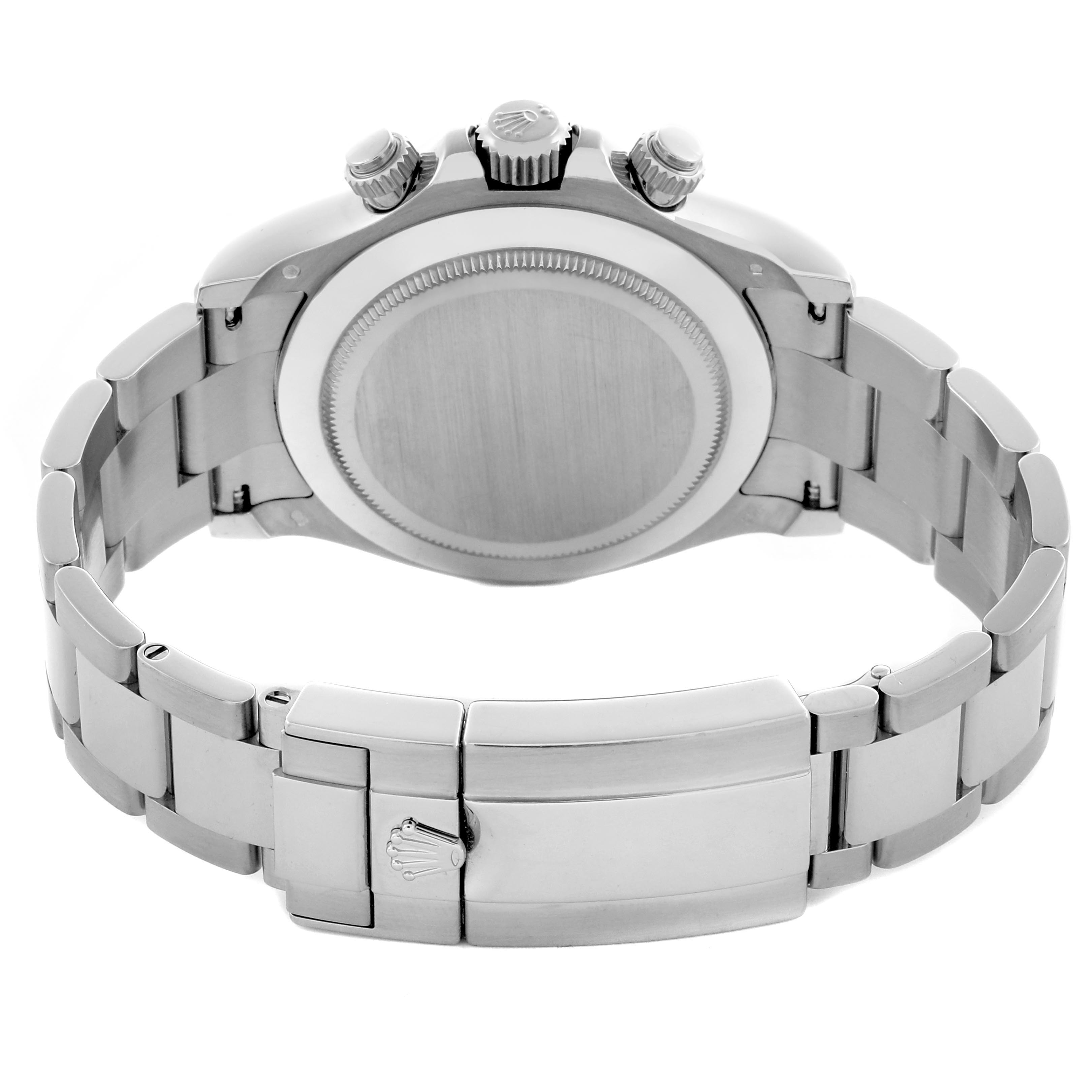 The image shows the back and side of a Rolex Daytona 116509 Men
s White Gold Silver Dial watch, highlighting the case, crown, pushers, and bracelet clasp.