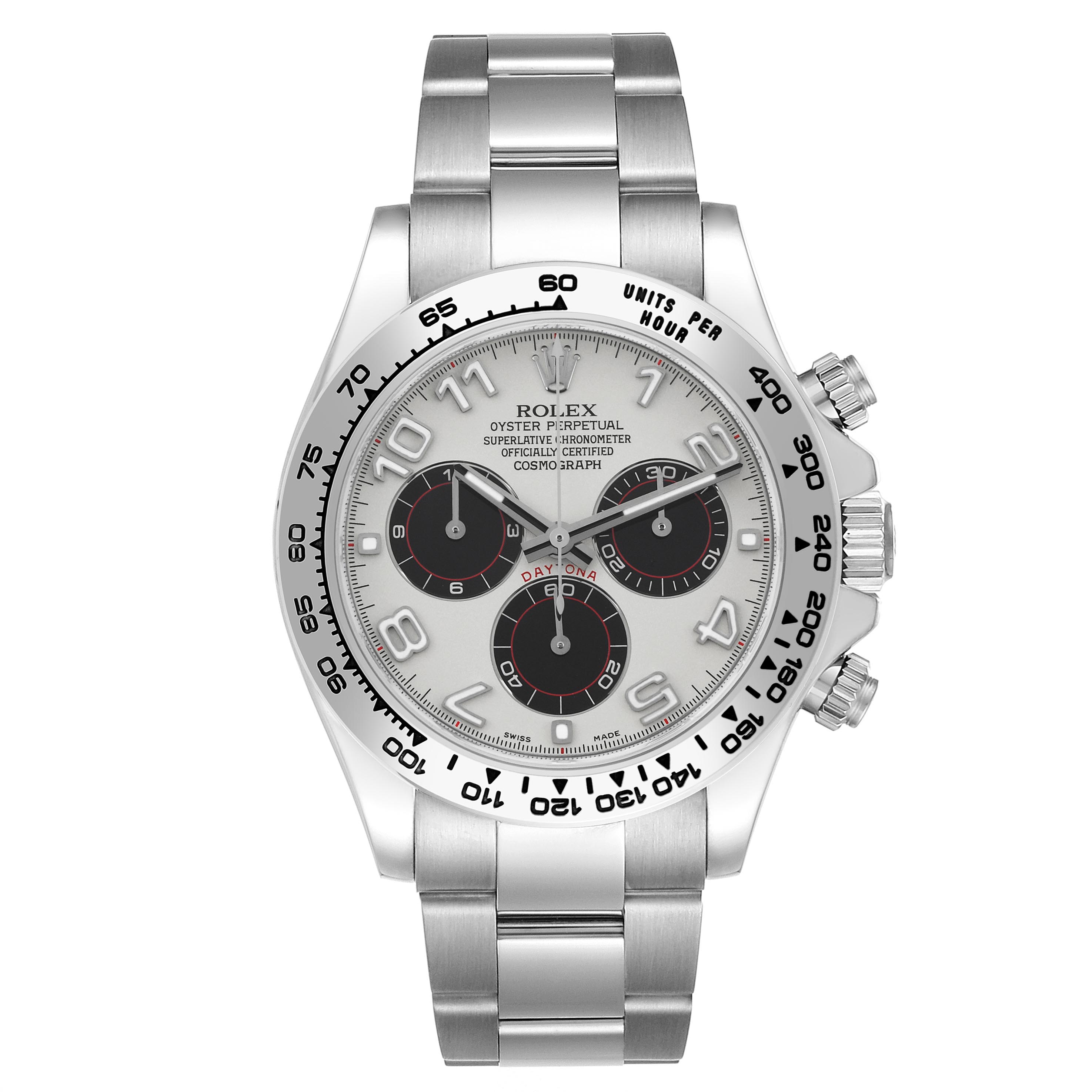 The Rolex Daytona 116509 Men
s White Gold Silver Dial watch is shown from the front, displaying the dial, bezel, and bracelet.