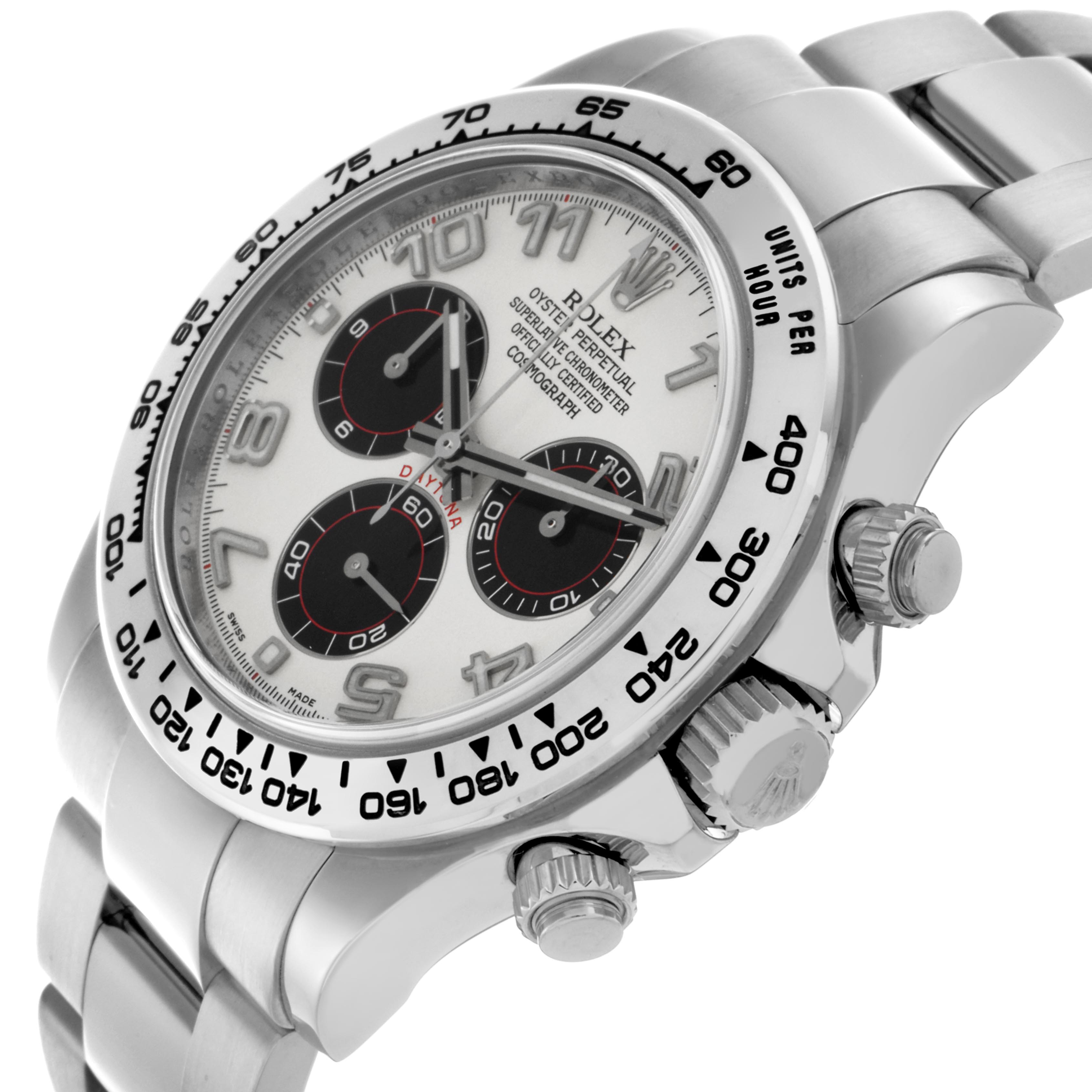 The Rolex Daytona 116509 Men
s White Gold Silver Dial watch is shown from an angled side view, displaying the dial, bezel, and pushers.