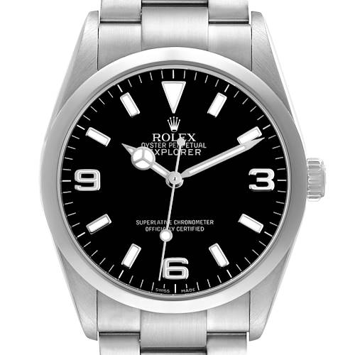 The image shows a front view of a Rolex Explorer 114270 Men's Stainless Steel Black Dial watch, highlighting the dial, bezel, and part of the bracelet.