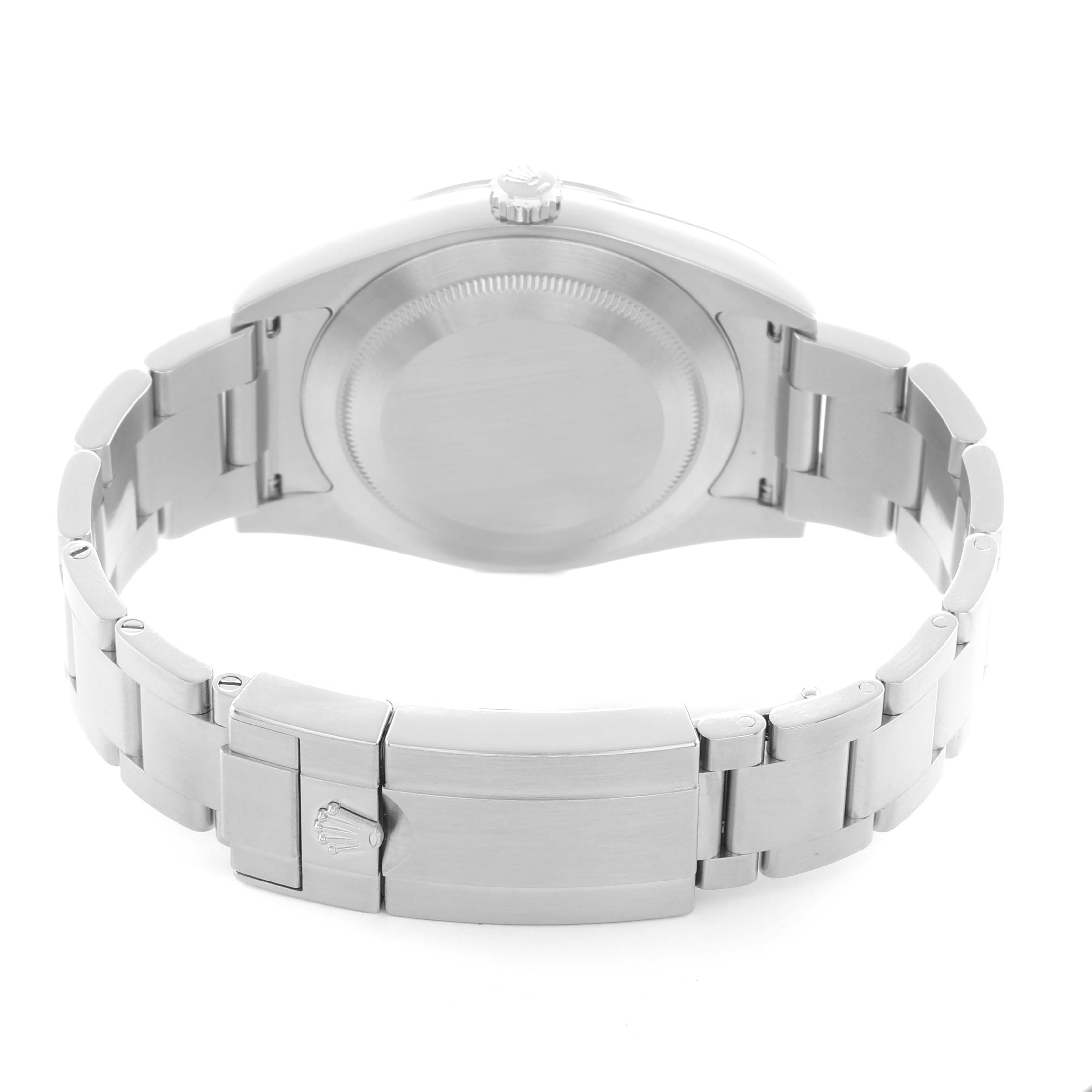 The image shows the back case and clasp of a Rolex Explorer 214270 Men
s Stainless Steel Black Dial watch, focusing on the bracelet and case back.