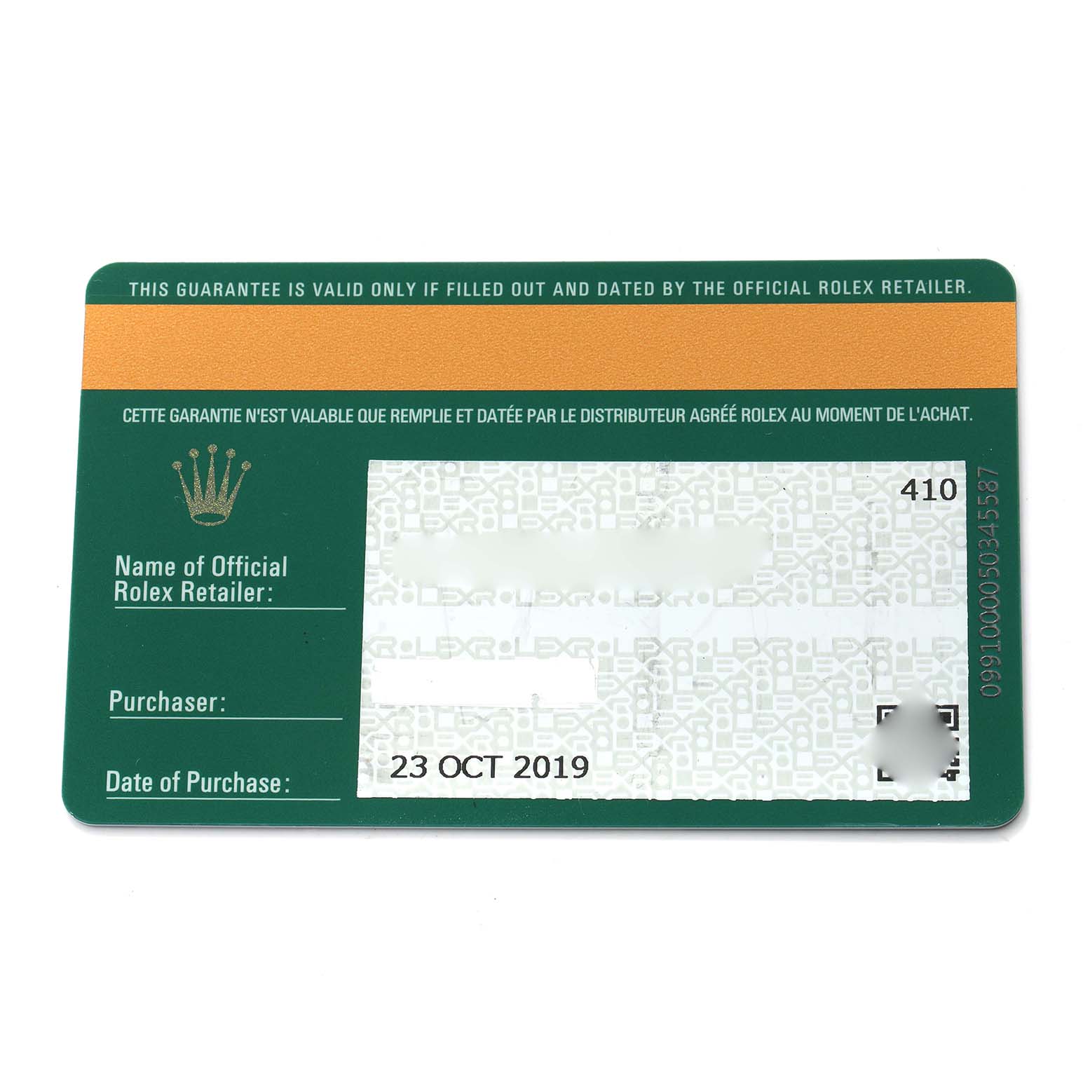 The image shows a Rolex warranty card for the Explorer model, displaying purchase details.