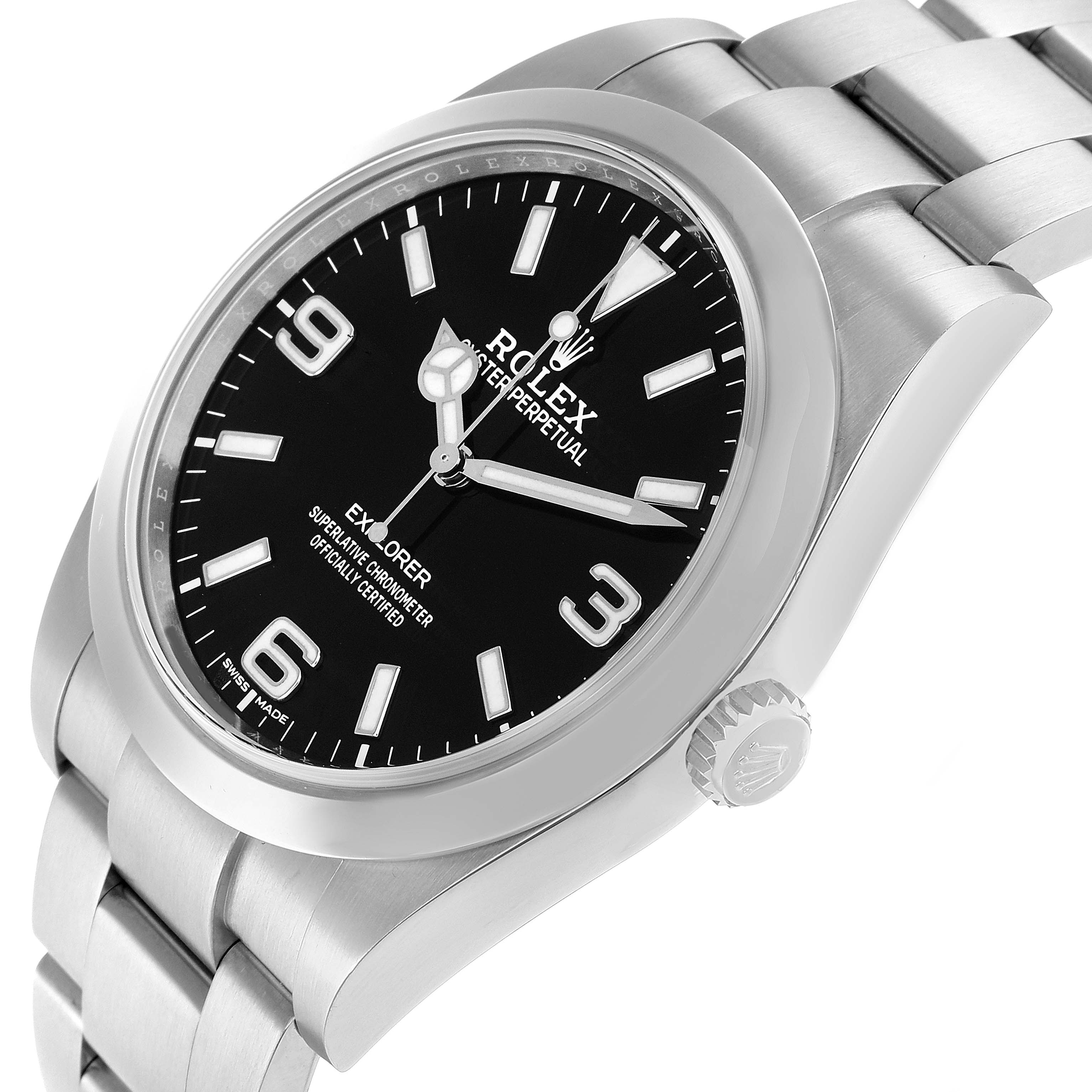The image shows a Rolex Explorer 214270 Men
s Stainless Steel Black Dial watch at a three-quarter angle, highlighting the dial, bezel, crown, and bracelet.