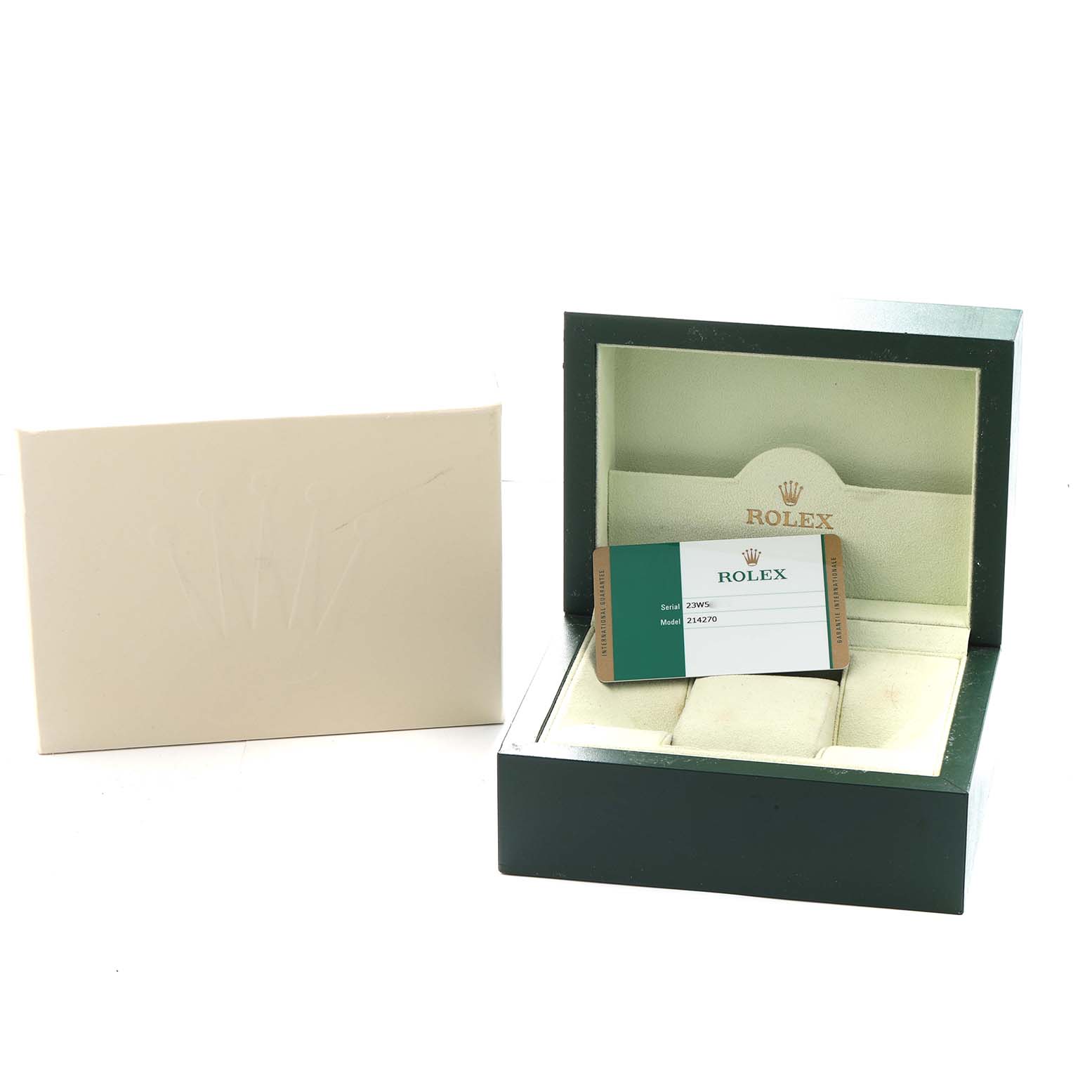 The image shows the open packaging for the Rolex Explorer 214270 Men
s Stainless Steel Black Dial, including the box and warranty card.