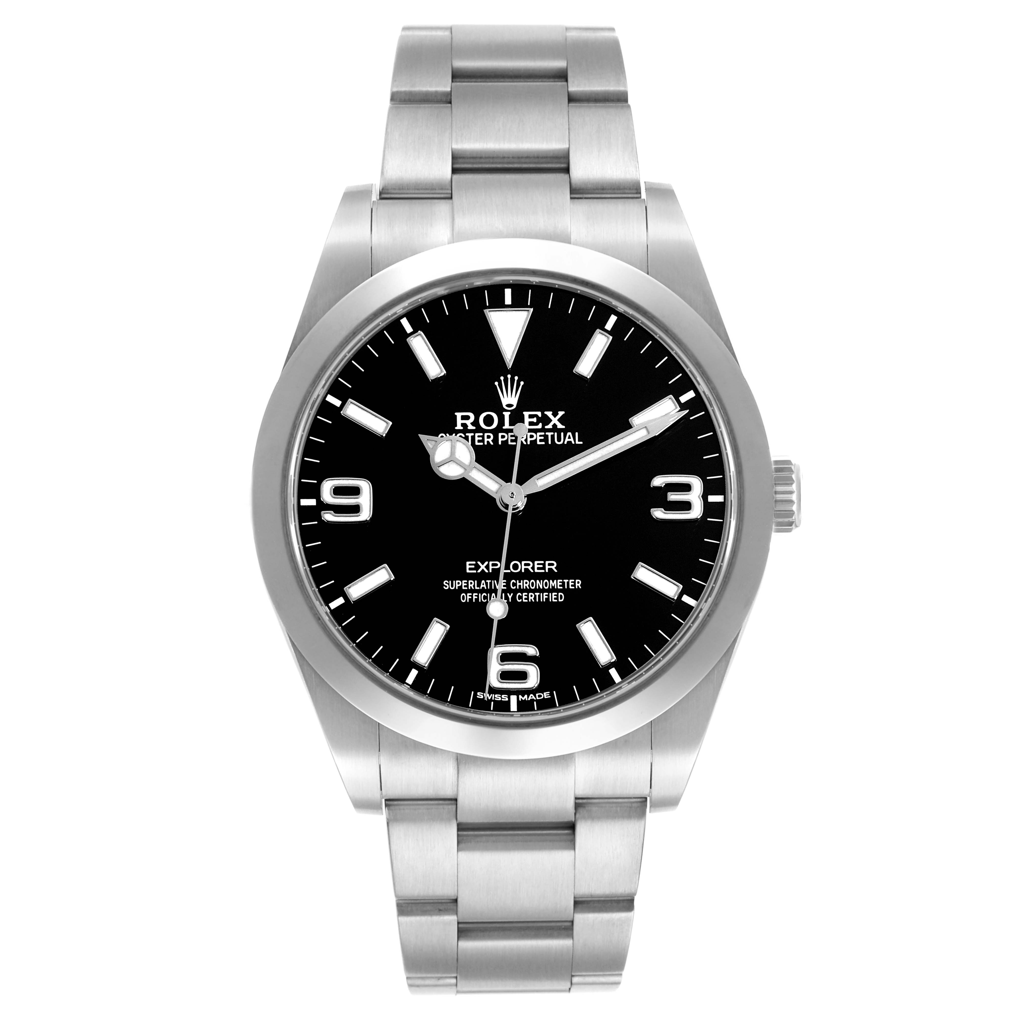 The Rolex Explorer 214270 Men
s Stainless Steel Black Dial watch is shown from a top view, displaying the dial, bezel, case, and bracelet.