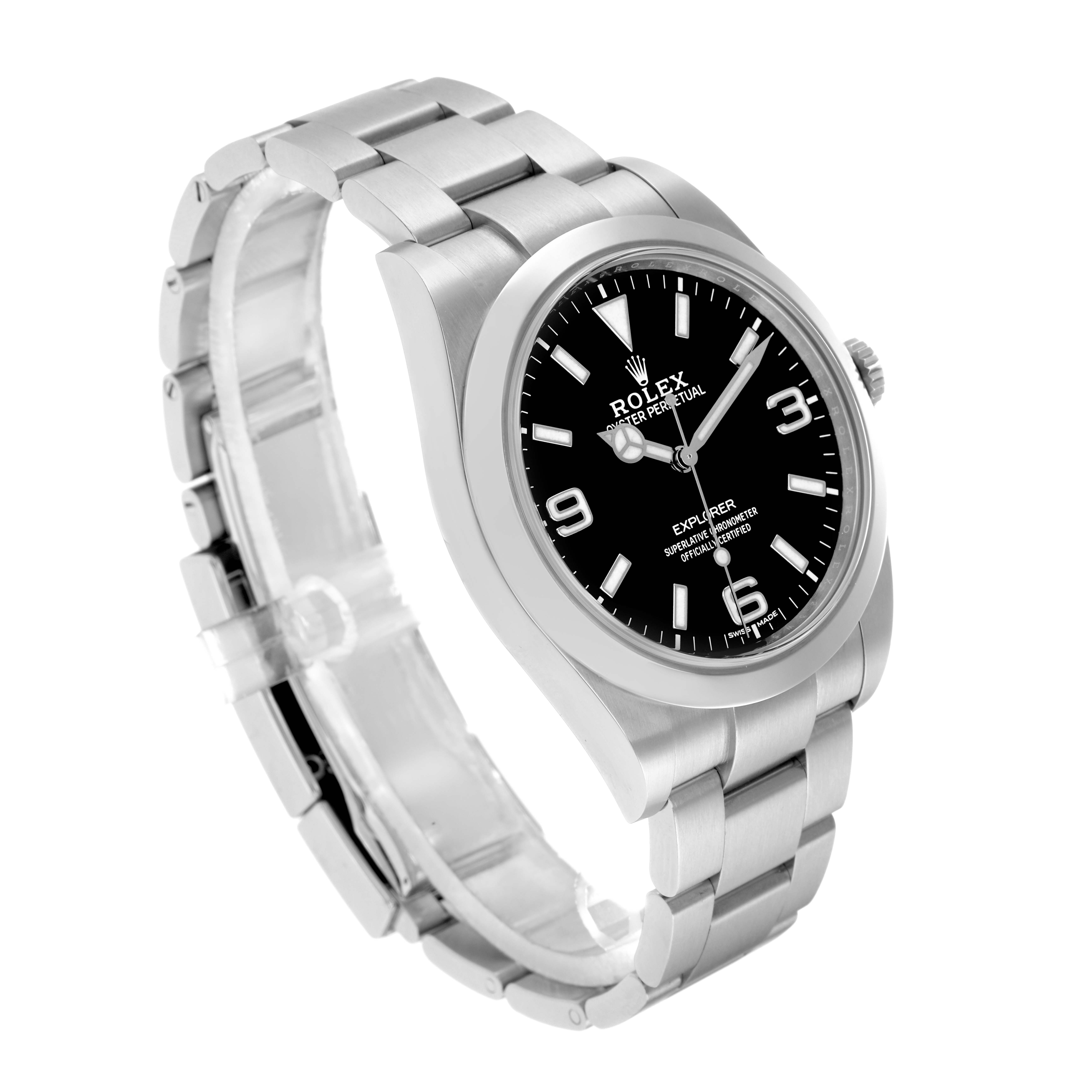 The Rolex Explorer 214270 Men
s Stainless Steel Black Dial watch is shown at a three-quarter angle, highlighting the black dial, stainless steel case, and bracelet.