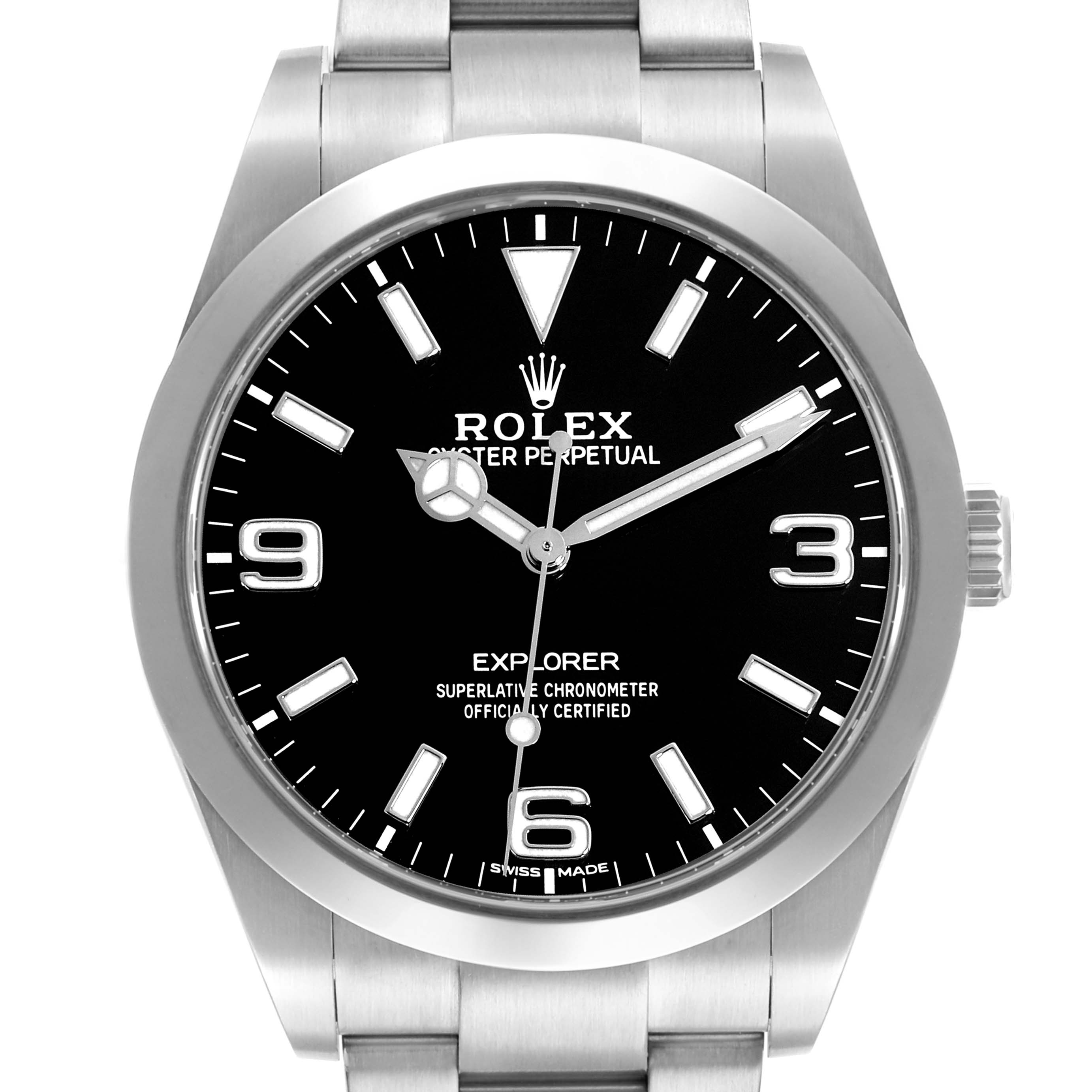 The Rolex Explorer 214270 Men
s Stainless Steel Black Dial watch is shown from the front, displaying its black dial, silver hour markers, hands, and part of the bracelet.
