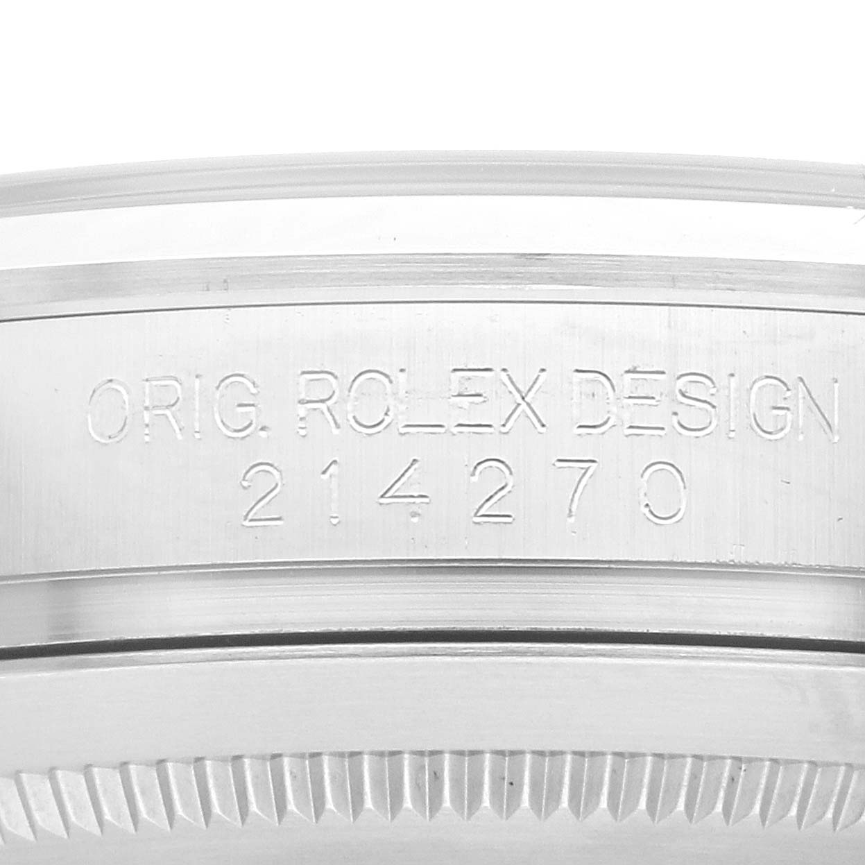 The image shows a close-up of the side of a Rolex Explorer 214270 Men
s Stainless Steel Black Dial watch case, displaying the engraved model number 214270.