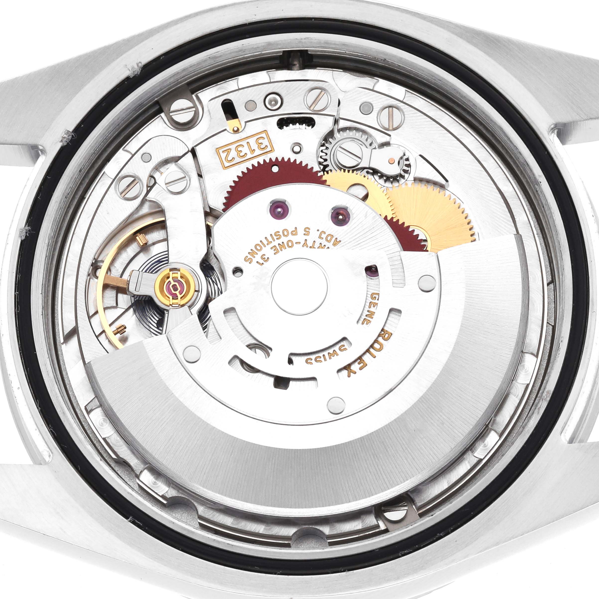 The image shows the back view of a Rolex Explorer 214270 Men
s Stainless Steel Black Dial, revealing its intricate movement and internal components.