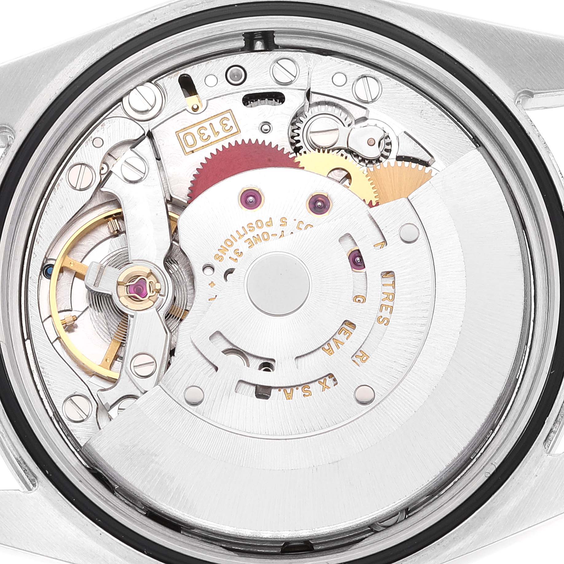 This image shows the internal mechanical movement of a Rolex Explorer 114270 Men's Stainless Steel Black Dial 114270 Men's Stainless Steel Black Dial watch, viewed from the back.