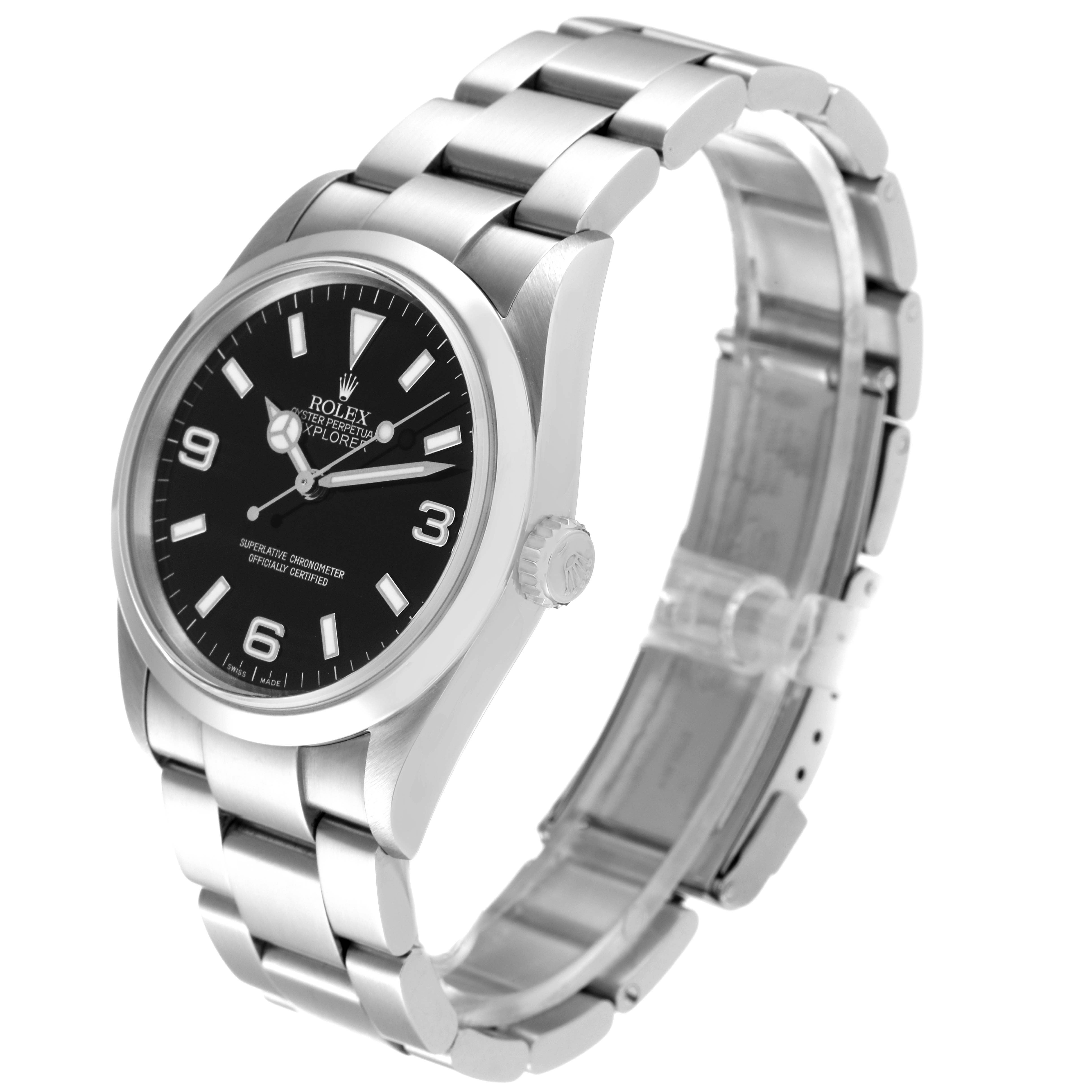 The image shows a side view of the Rolex Explorer 114270 Men's Stainless Steel Black Dial 114270 Men's Stainless Steel Black Dial watch, highlighting the dial, bezel, crown, and part of the bracelet.