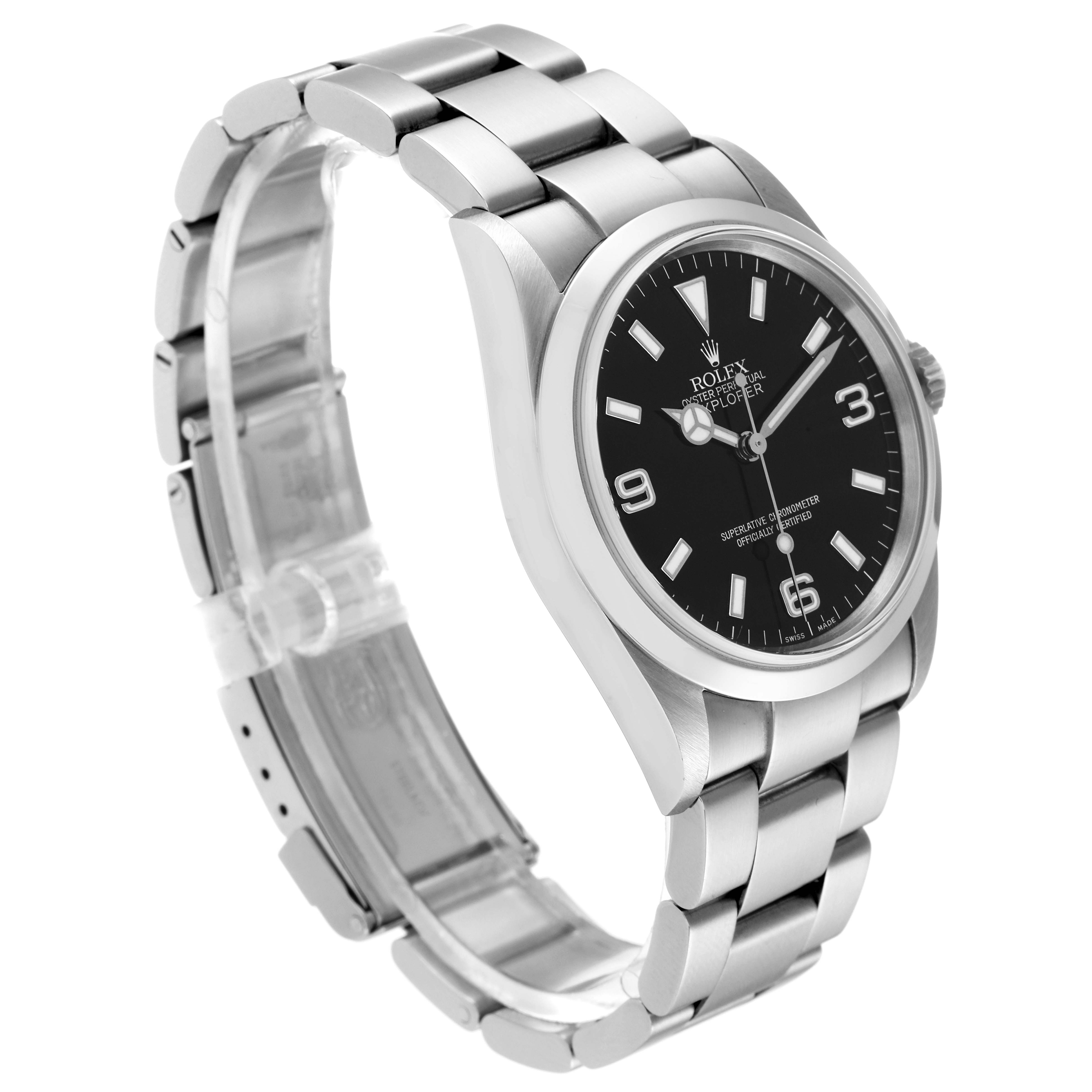 The image shows a Rolex Explorer 114270 Men's Stainless Steel Black Dial 114270 Men's Stainless Steel Black Dial model watch from an angled side view, highlighting its face, bezel, and bracelet.