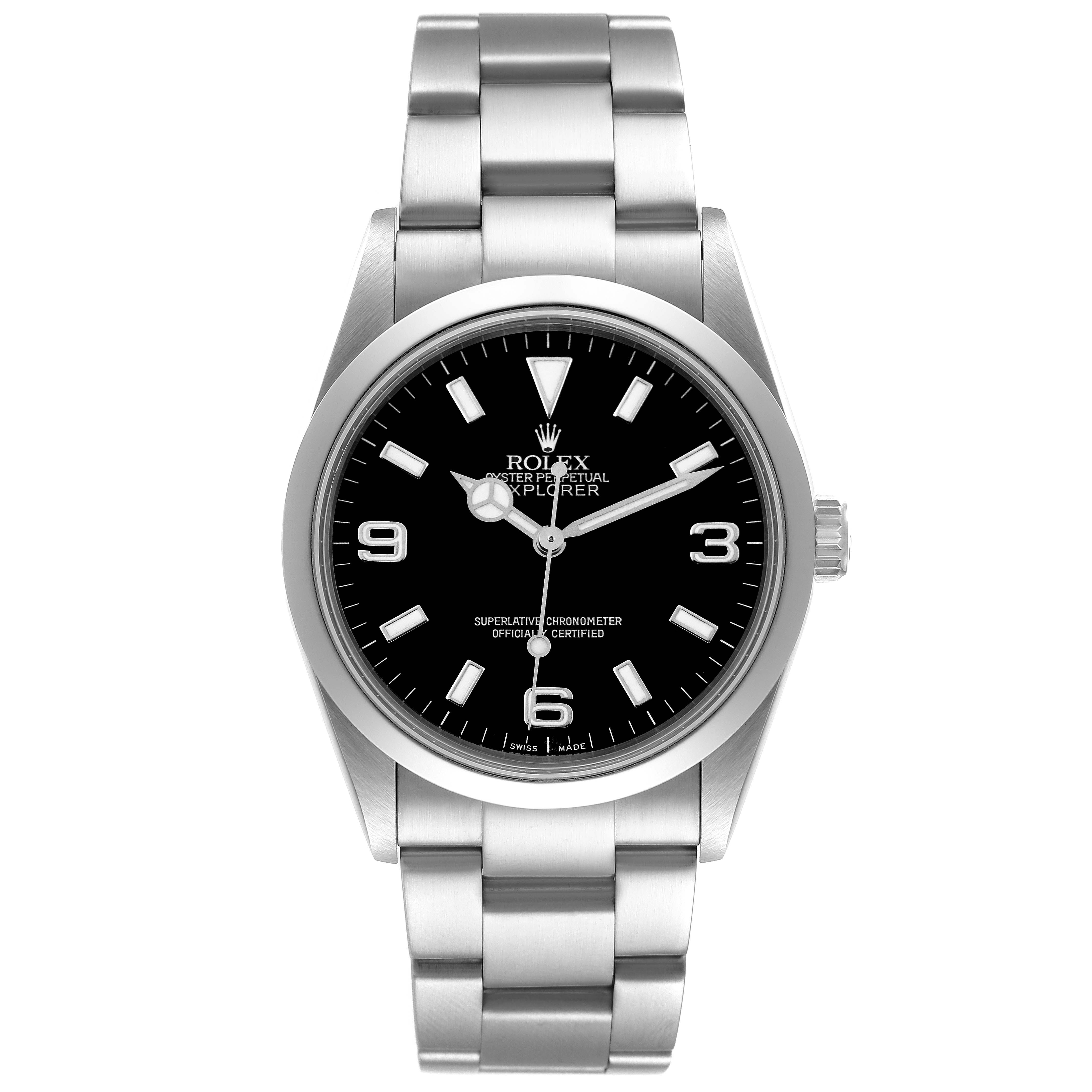 The image shows a front view of a Rolex Explorer 114270 Men's Stainless Steel Black Dial 114270 Men's Stainless Steel Black Dial watch, highlighting the face, bezel, case, and bracelet.
