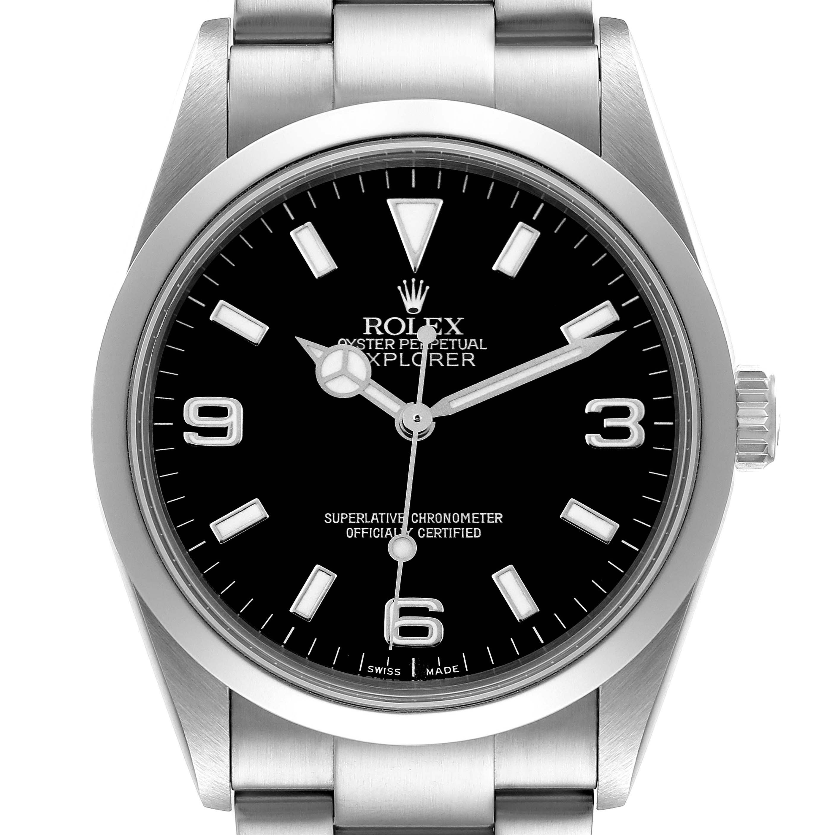 The image shows a front view of the Rolex Explorer 114270 Men's Stainless Steel Black Dial 114270 Men's Stainless Steel Black Dial watch, highlighting the dial, hands, and bracelet.