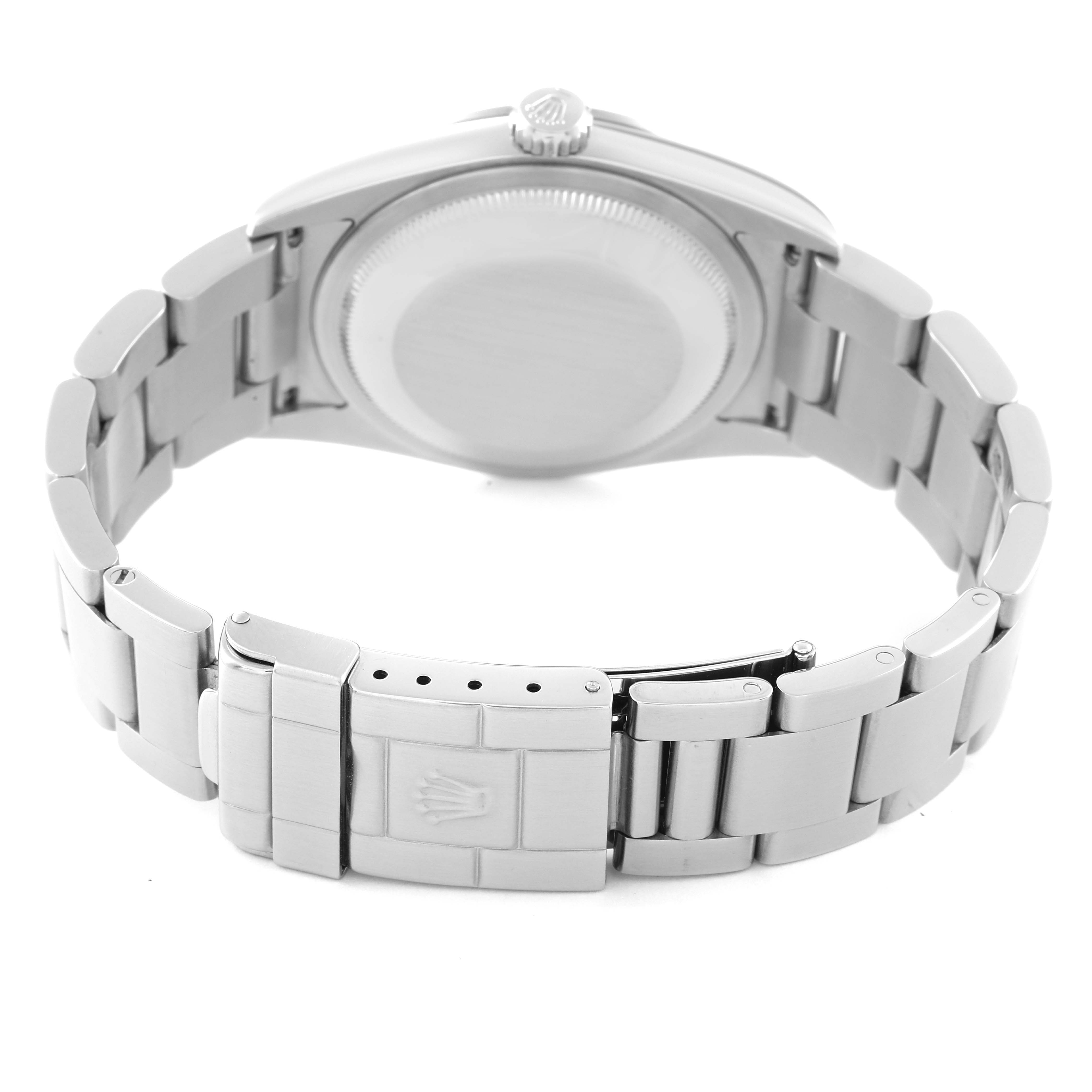 The image shows the back view of a Rolex Explorer 114270 Men's Stainless Steel Black Dial 114270 Men's Stainless Steel Black Dial watch, focusing on the case back, bracelet, and clasp.