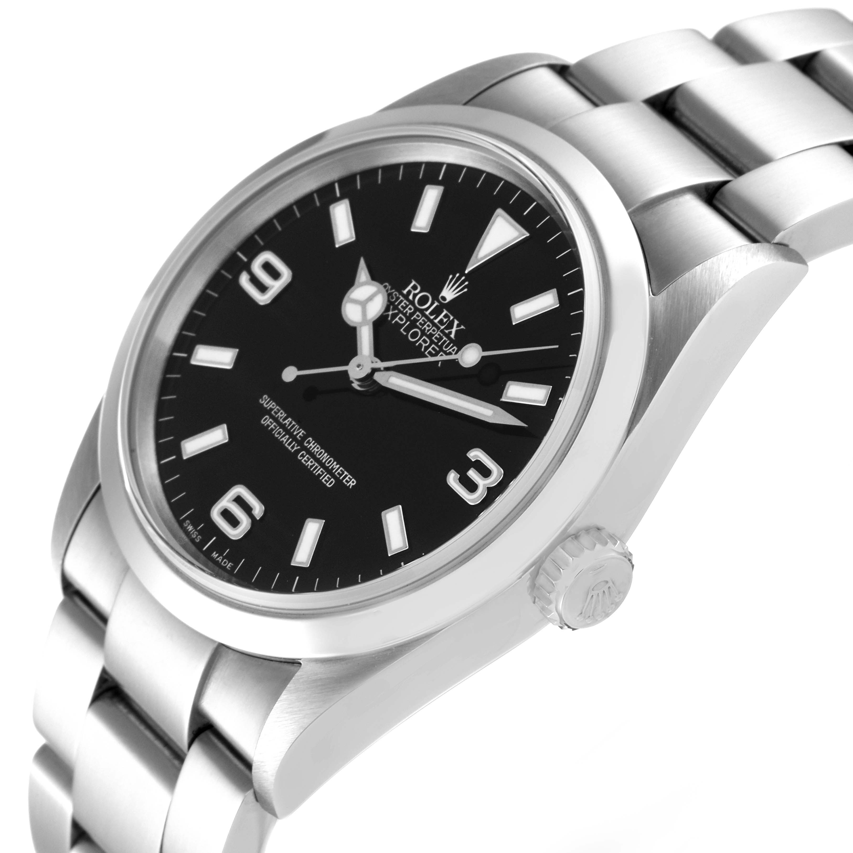 The image shows a side angle of a Rolex Explorer 114270 Men's Stainless Steel Black Dial 114270 Men's Stainless Steel Black Dial watch, revealing its dial, bezel, crown, and part of the bracelet.