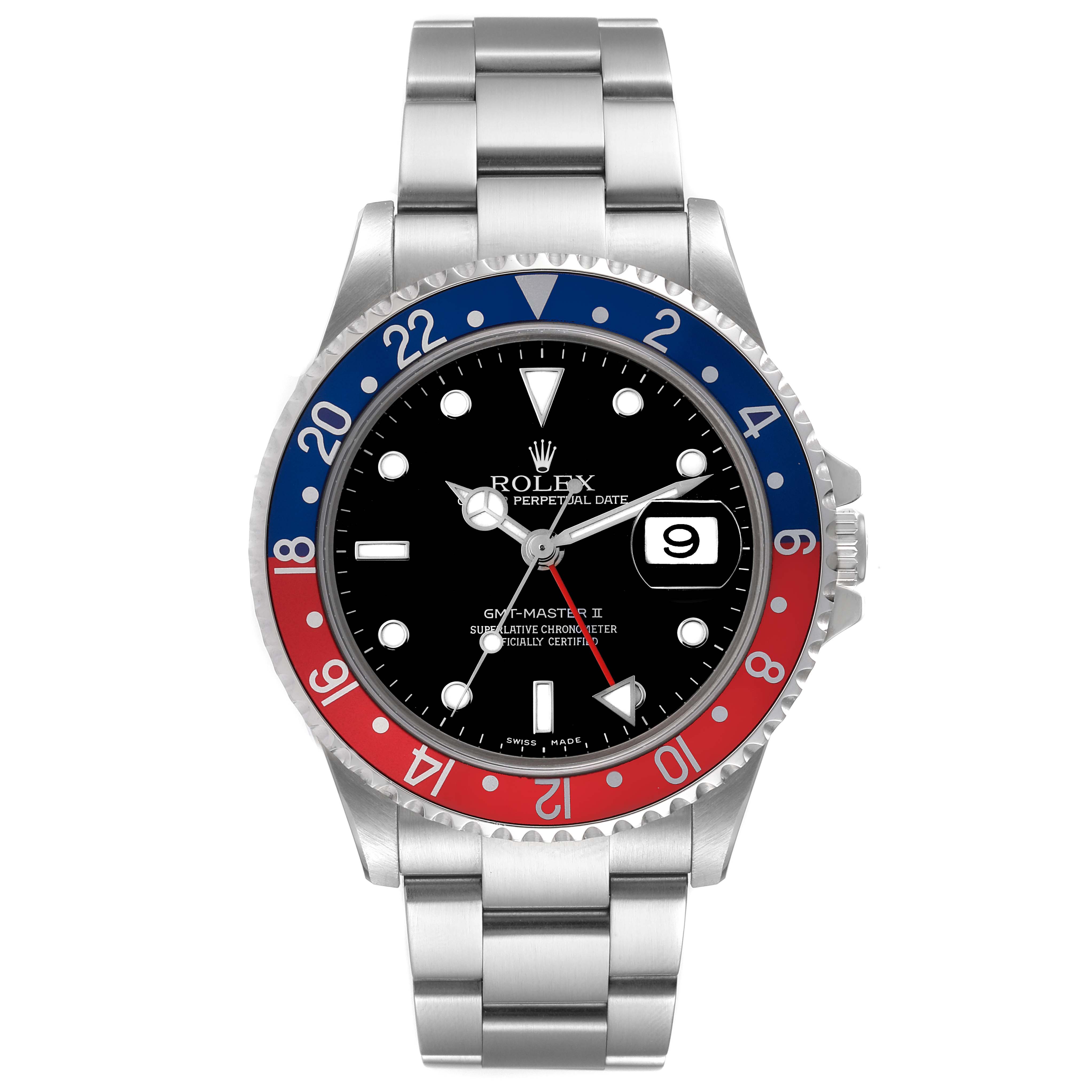 The image shows a frontal view of a Rolex GMT-Master 16710 Men
s Stainless Steel Black Dial 16710 Men
s Stainless Steel Black Dial II watch, highlighting its bezel, dial, hands, and bracelet.