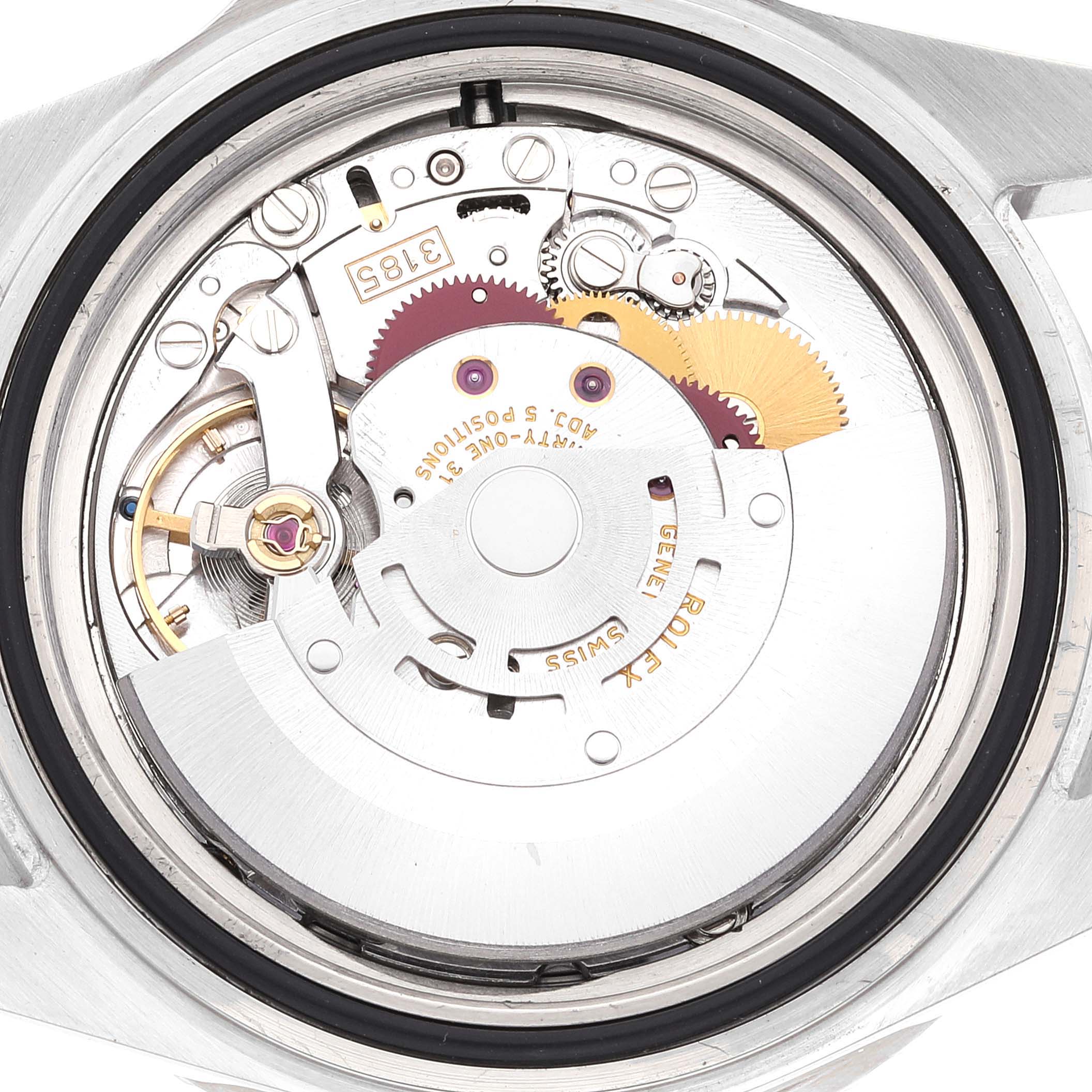 The image shows the internal mechanism of a Rolex GMT-Master 16710 Men
s Stainless Steel Black Dial 16710 Men
s Stainless Steel Black Dial watch at a top-down angle.