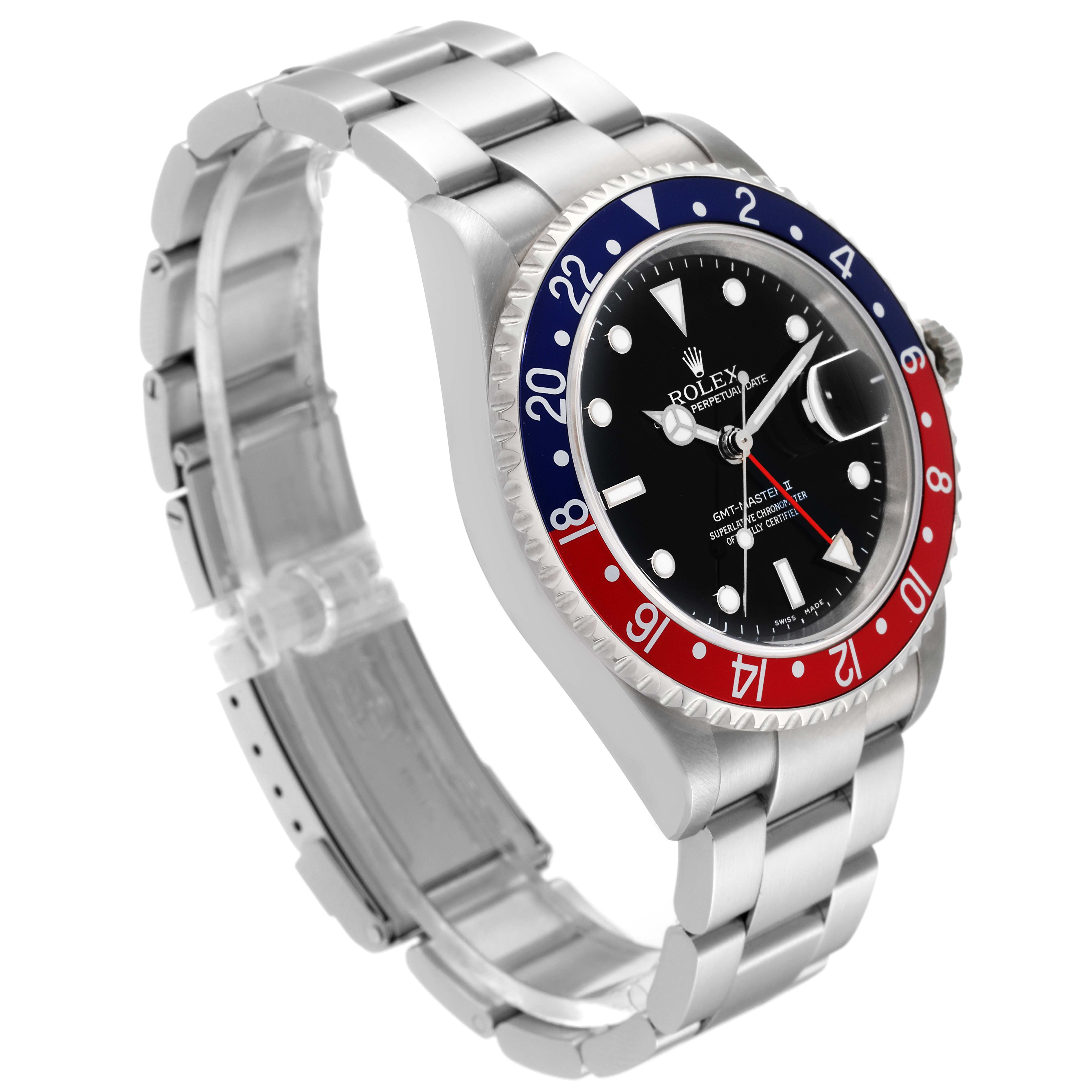 The image shows a side angle of the Rolex GMT-Master 16710 Men
s Stainless Steel Black Dial 16710 Men
s Stainless Steel Black Dial watch, highlighting its bracelet, bezel, and face.