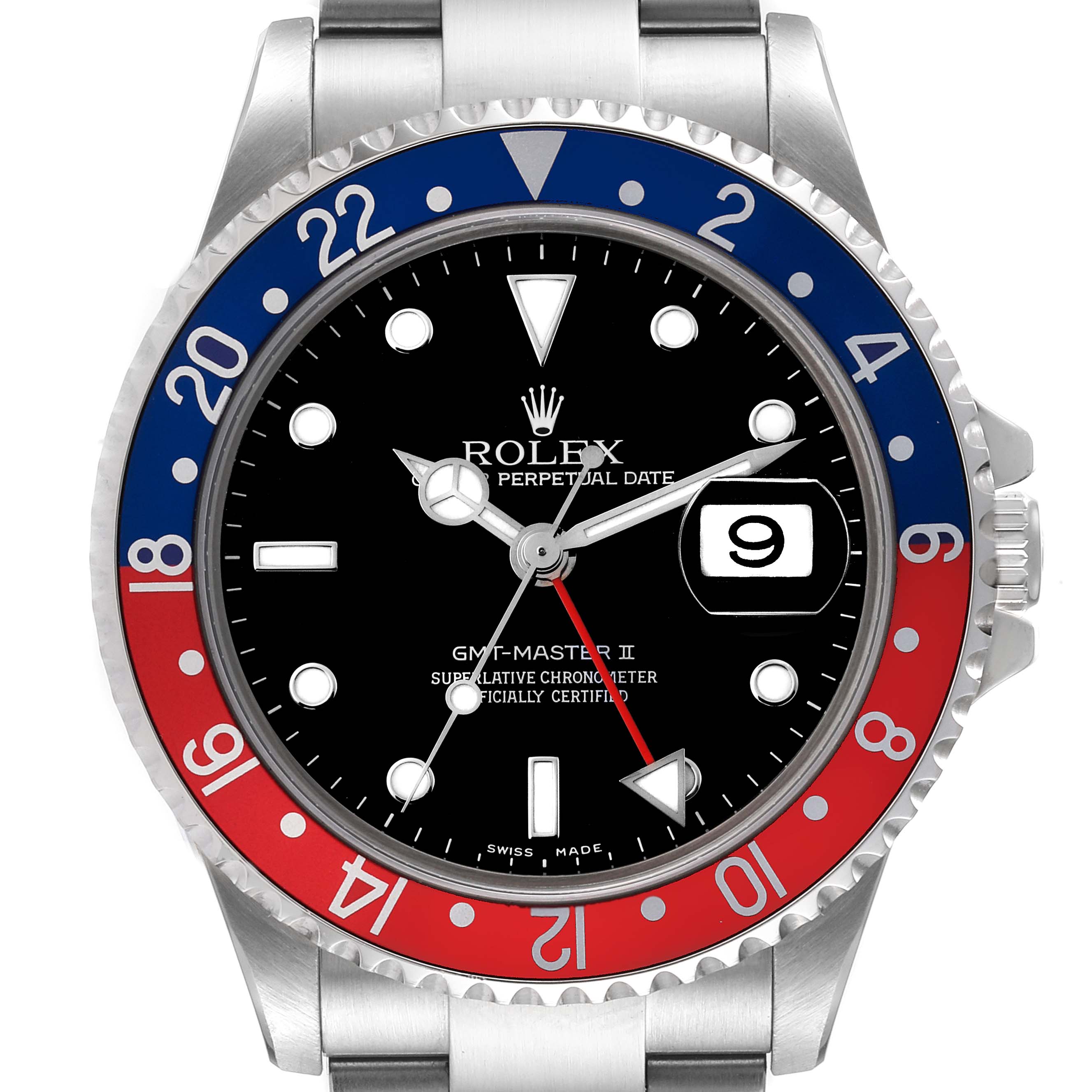 This image shows a front view of a Rolex GMT-Master 16710 Men
s Stainless Steel Black Dial 16710 Men
s Stainless Steel Black Dial II watch, featuring its dial, bezel, date window, and parts of the bracelet.