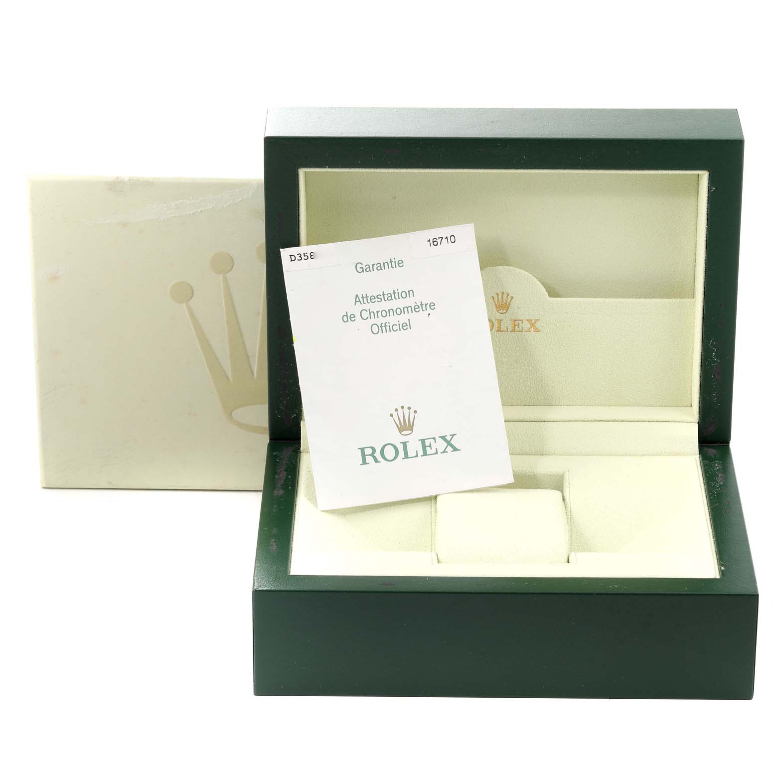 The image shows the empty green case and warranty certificate for a Rolex GMT-Master 16710 Men
s Stainless Steel Black Dial 16710 Men
s Stainless Steel Black Dial watch.