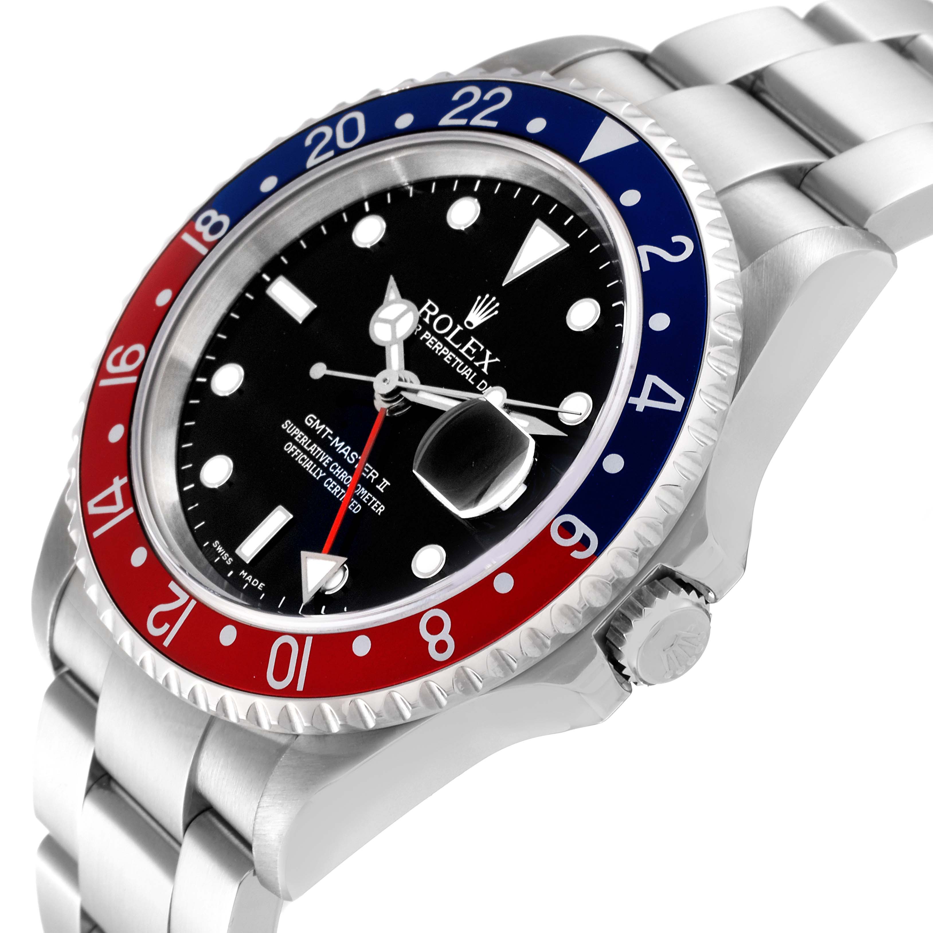 The Rolex GMT-Master 16710 Men
s Stainless Steel Black Dial 16710 Men
s Stainless Steel Black Dial watch is shown at a three-quarter angle, displaying its dial, bezel, crown, and bracelet.