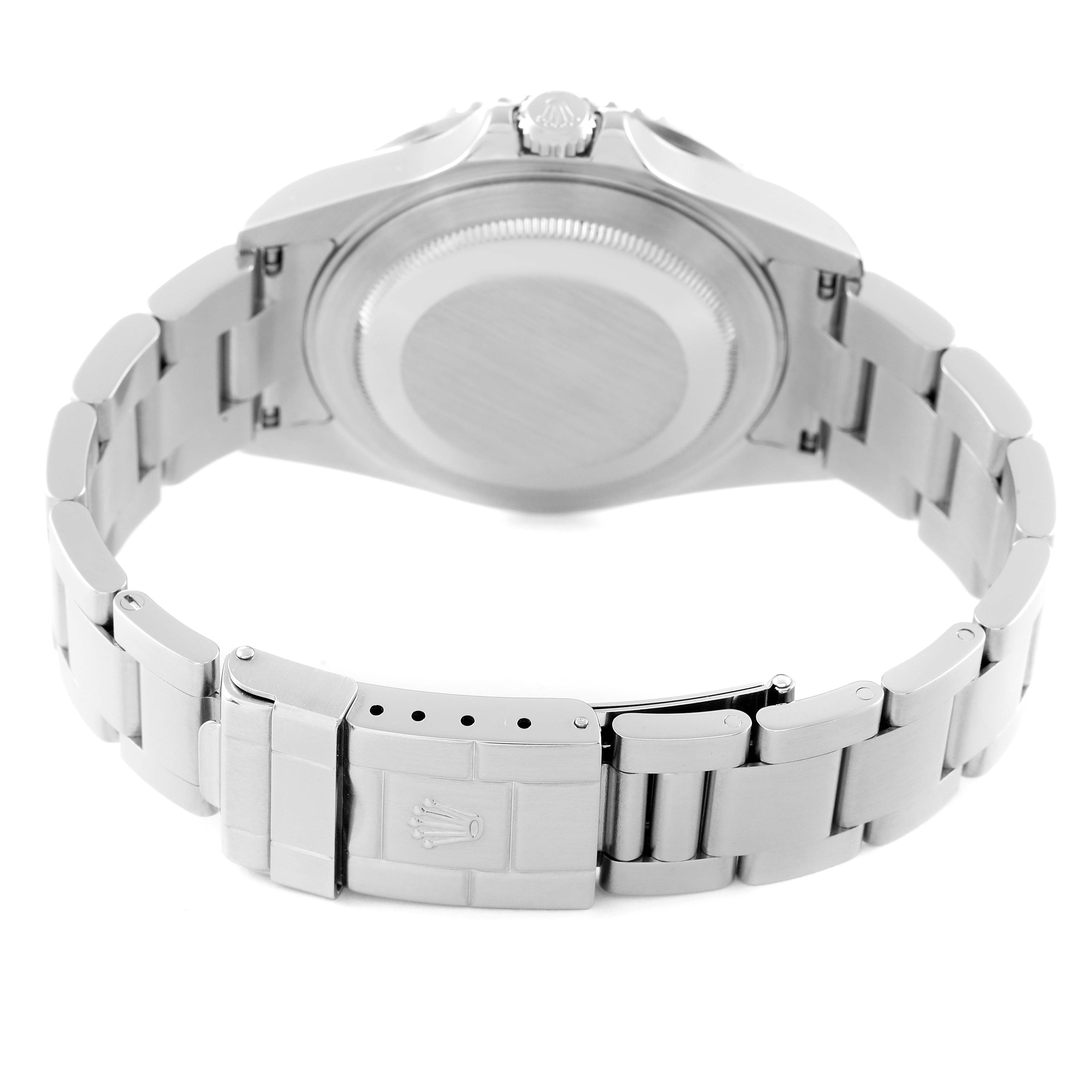 The image shows the back view of a Rolex GMT-Master 16710 Men
s Stainless Steel Black Dial 16710 Men
s Stainless Steel Black Dial watch, highlighting its case back and clasp.