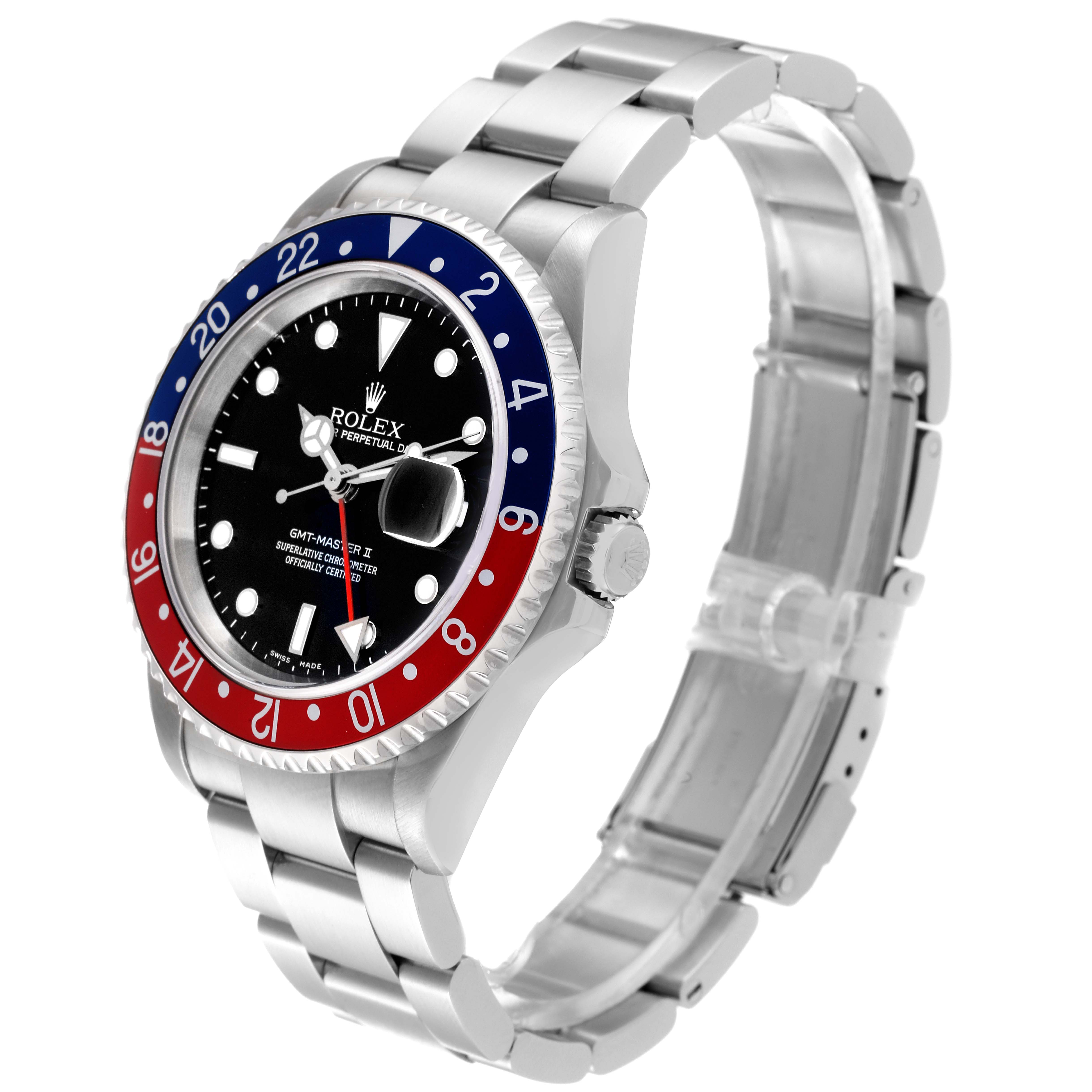 This image shows a Rolex GMT-Master 16710 Men
s Stainless Steel Black Dial 16710 Men
s Stainless Steel Black Dial model watch at a three-quarter angle, highlighting its bezel, dial, bracelet, and crown.