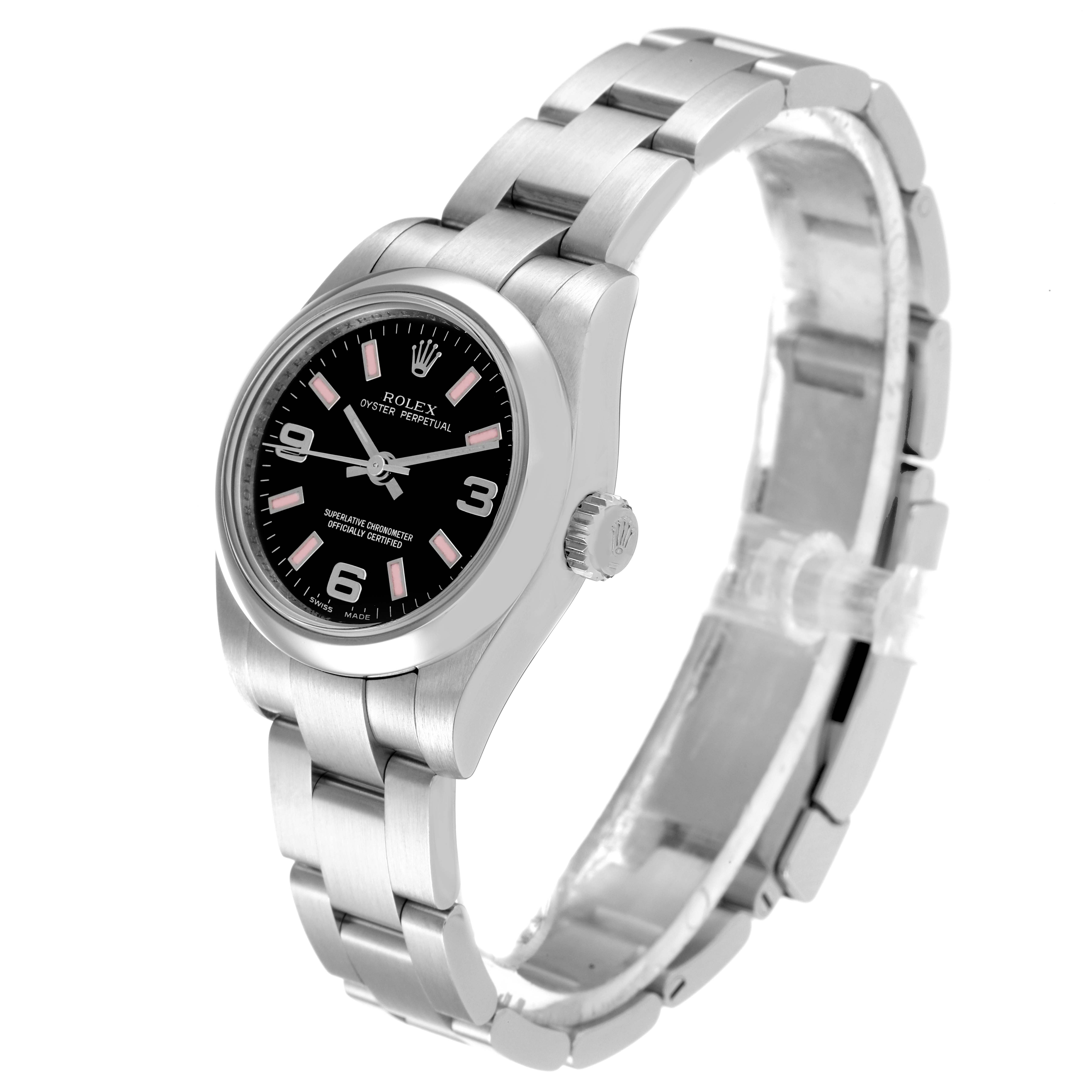 The Rolex Oyster Perpetual 176200 Women's Stainless Steel Black Dial 176200 Women's Stainless Steel Black Dial watch is shown at a three-quarter angle, highlighting the face, crown, and bracelet.