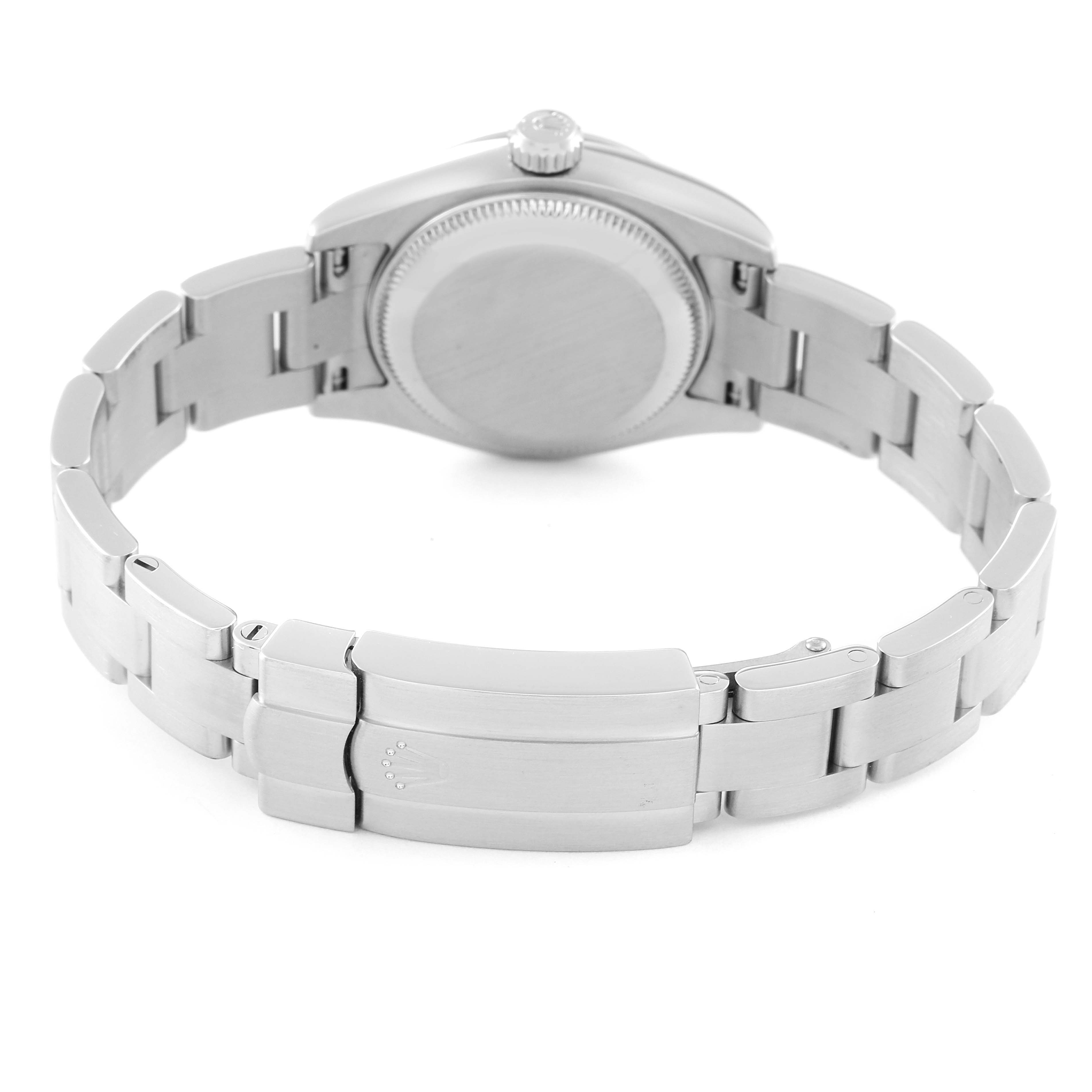 This image shows the back view of a Rolex Oyster Perpetual 176200 Women's Stainless Steel Black Dial 176200 Women's Stainless Steel Black Dial watch, focusing on the caseback and clasp of the metal bracelet.