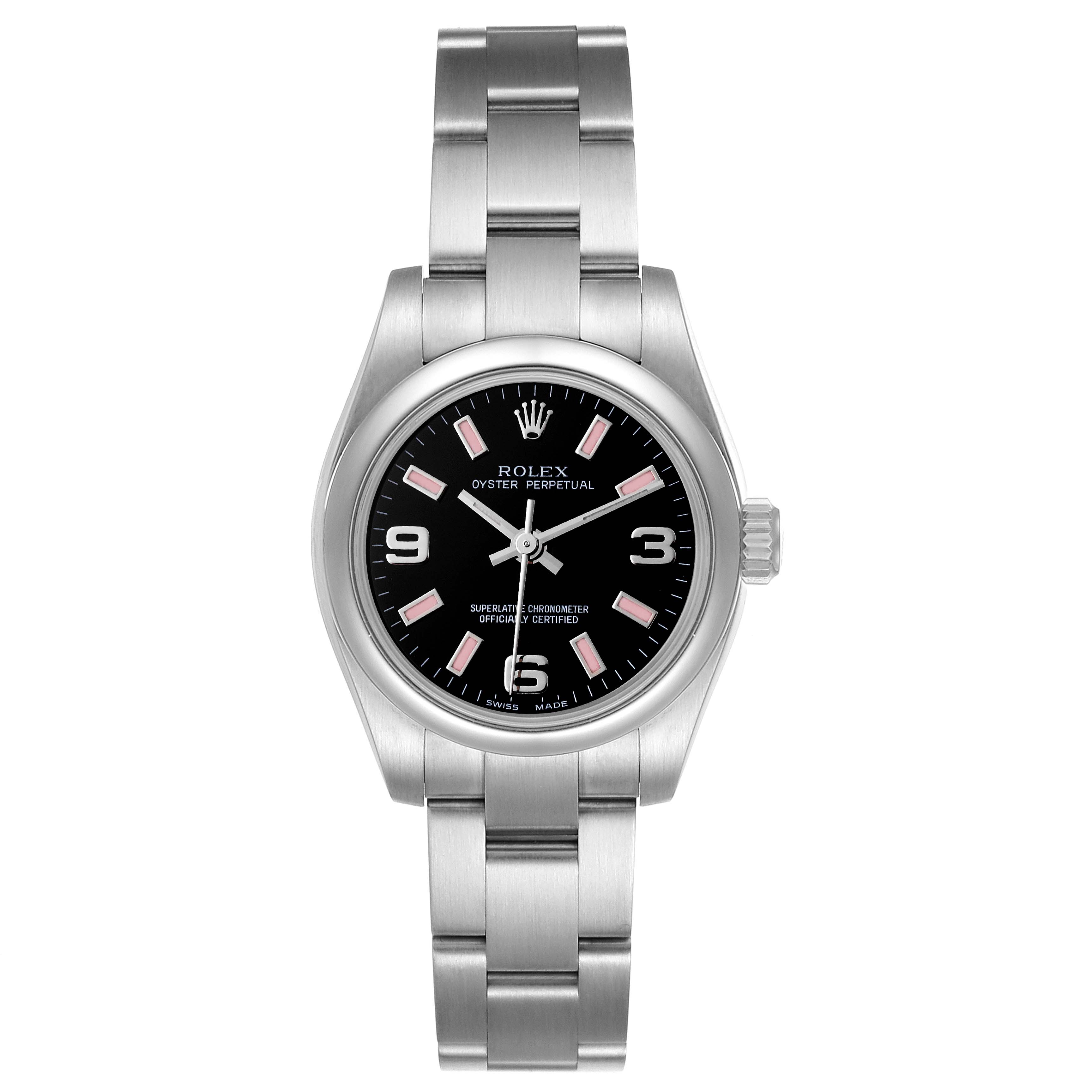 The image shows a front view of a Rolex Oyster Perpetual 176200 Women's Stainless Steel Black Dial 176200 Women's Stainless Steel Black Dial watch, displaying its face, bezel, case, and bracelet.