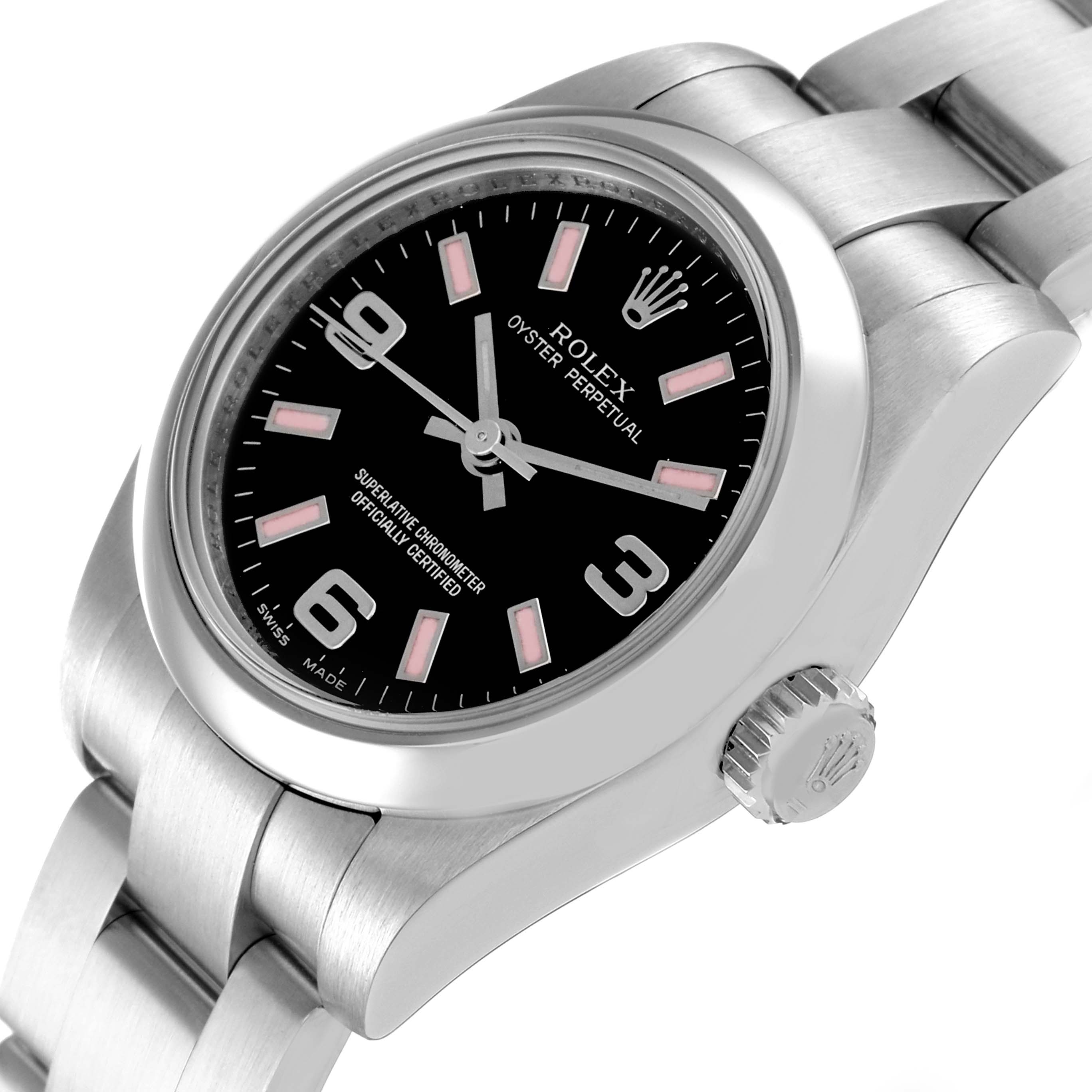 The image shows a close-up angled view of the Rolex Oyster Perpetual 176200 Women's Stainless Steel Black Dial 176200 Women's Stainless Steel Black Dial watch, highlighting its dial, crown, and bracelet.