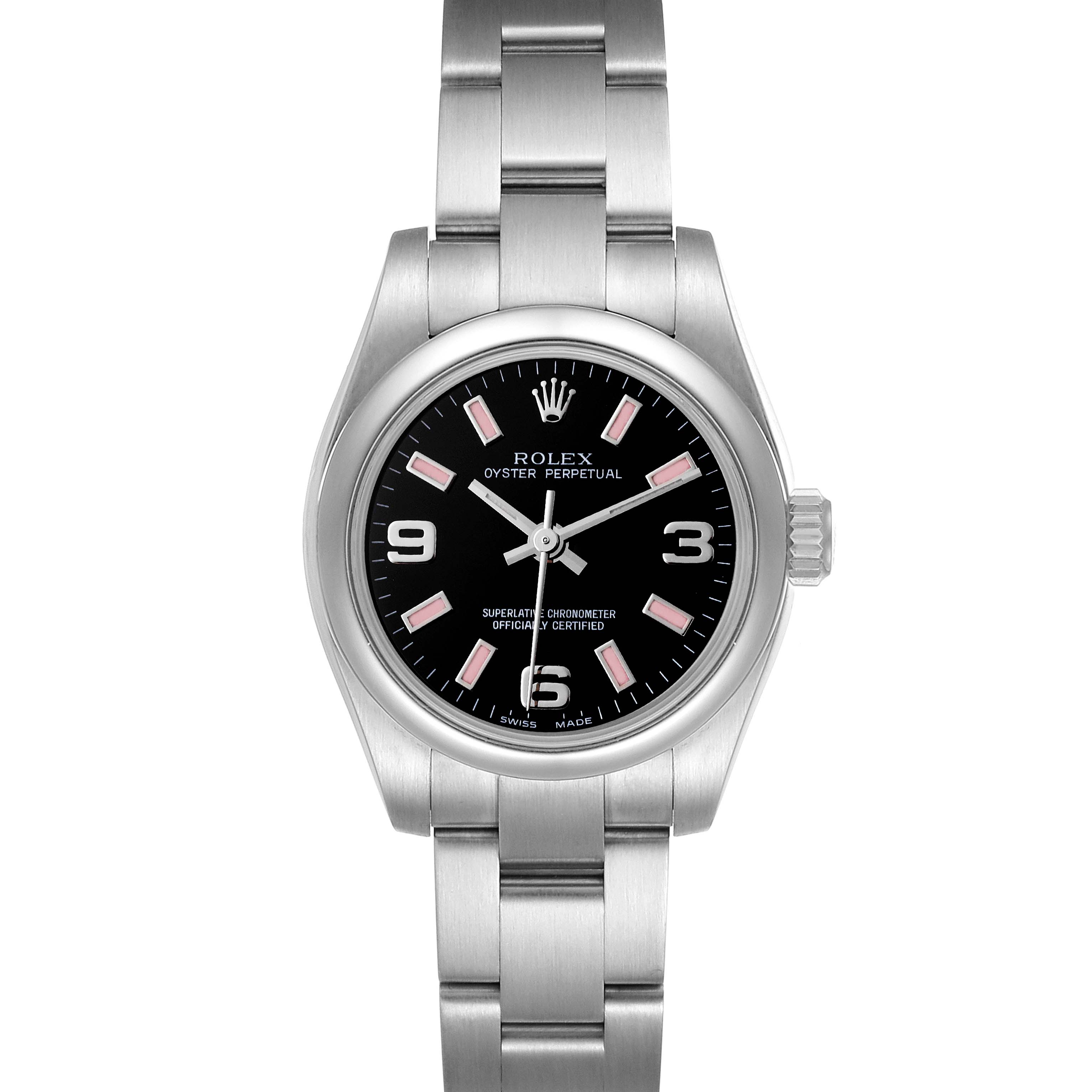 The Rolex Oyster Perpetual 176200 Women's Stainless Steel Black Dial 176200 Women's Stainless Steel Black Dial watch is shown from a front angle, highlighting its face, bracelet, and crown.