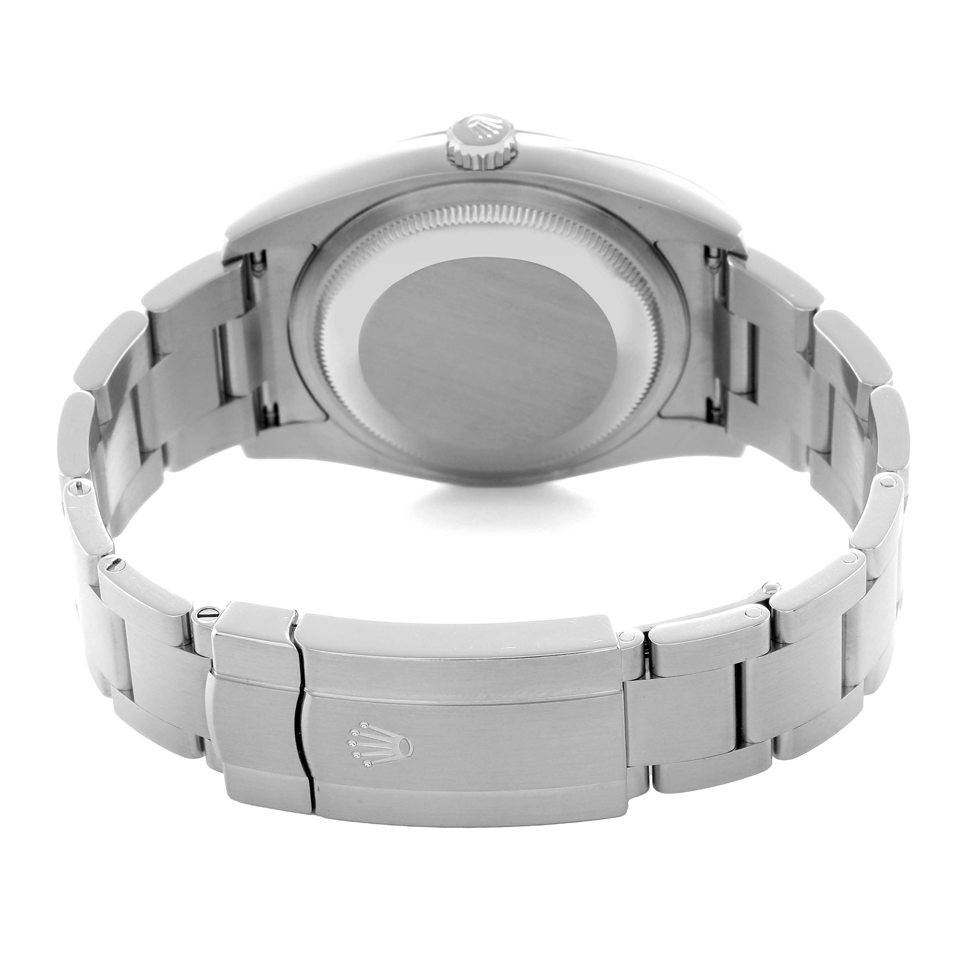 The image shows the back and side of a Rolex Oyster Perpetual 116000 Men
s Stainless Steel Silver Dial watch, highlighting the clasp and bracelet links.