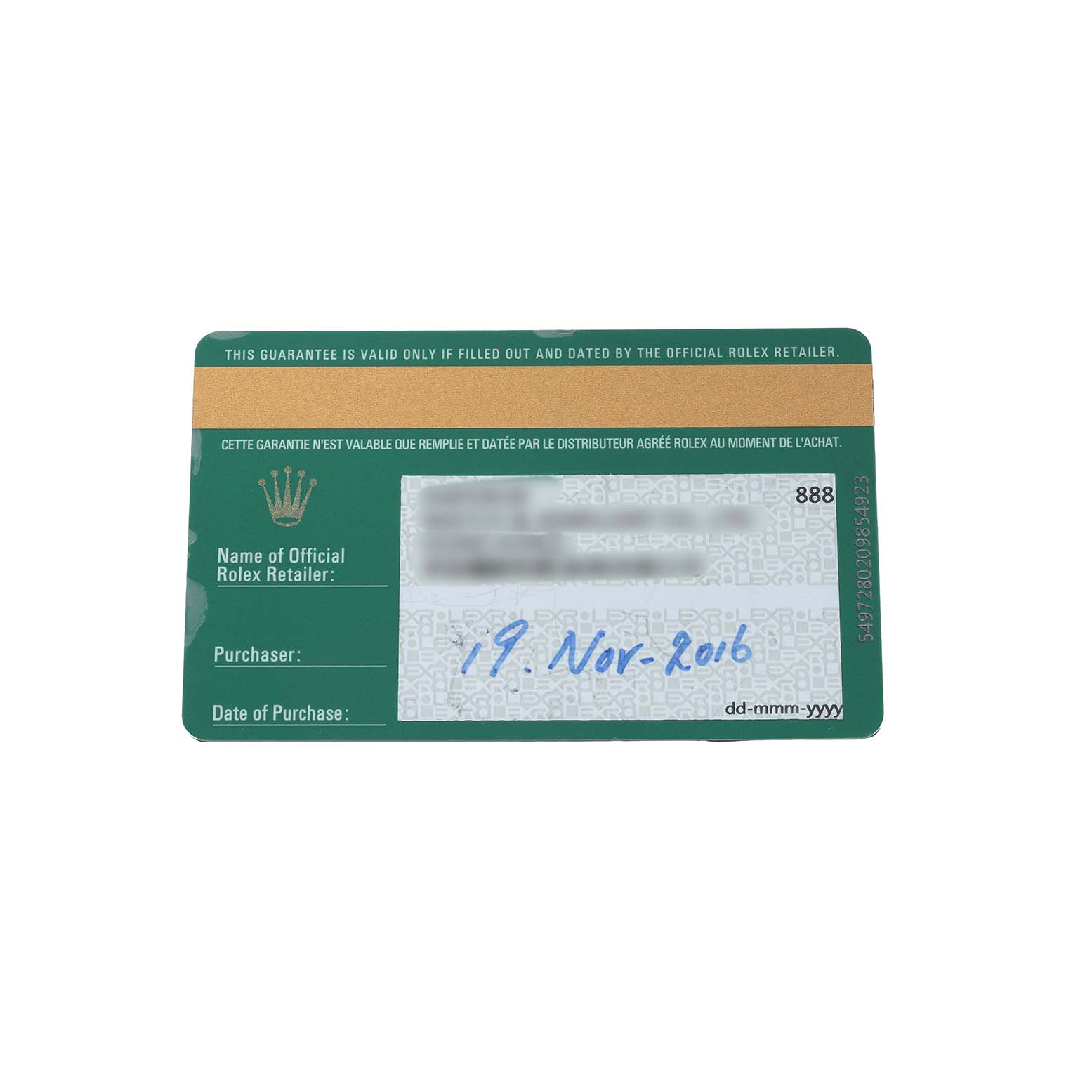 This image shows a warranty card for a Rolex Oyster Perpetual 116000 Men
s Stainless Steel Silver Dial watch, featuring purchase details and retailer information.