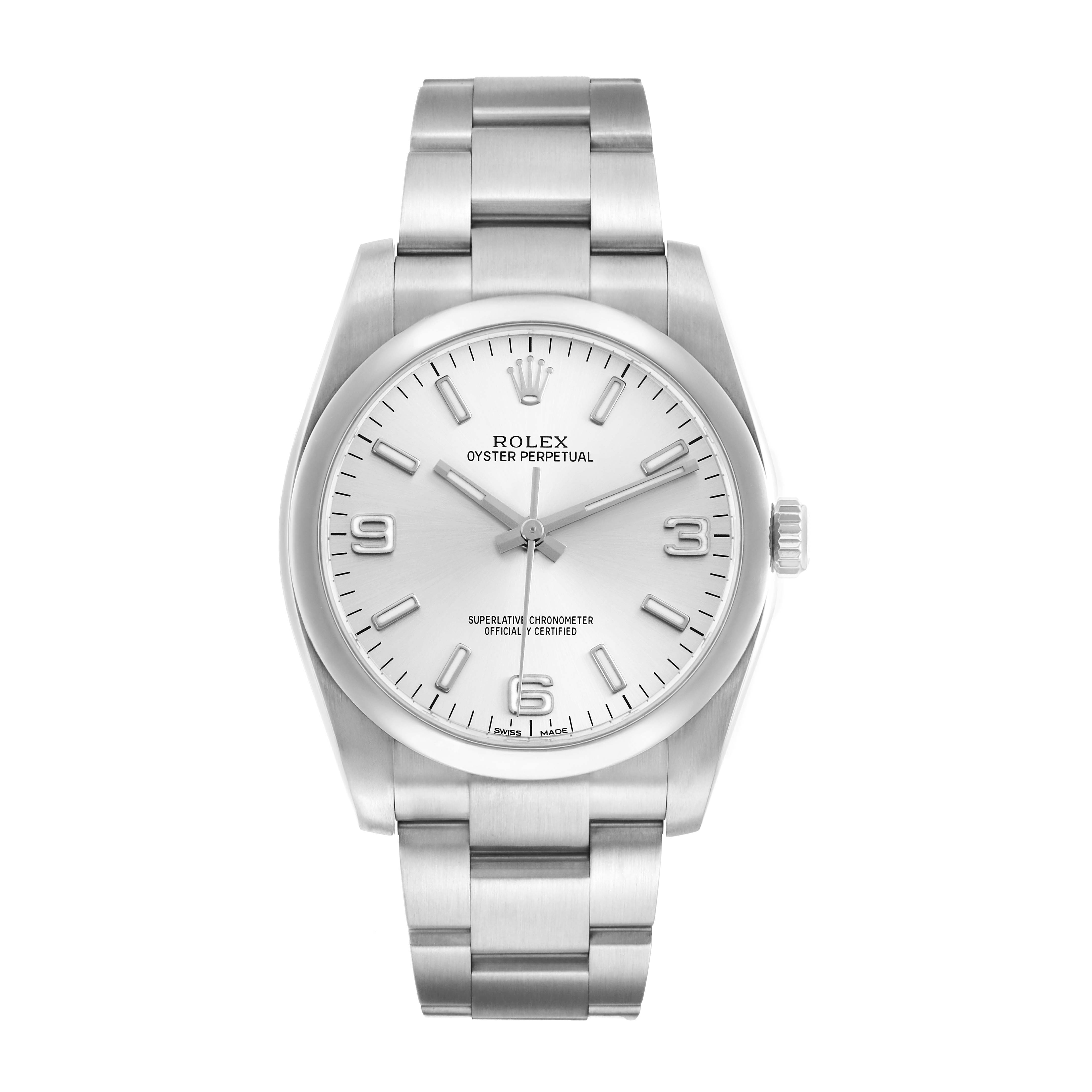 The Rolex Oyster Perpetual 116000 Men
s Stainless Steel Silver Dial watch is shown from a front angle, displaying the face, bezel, crown, and bracelet.