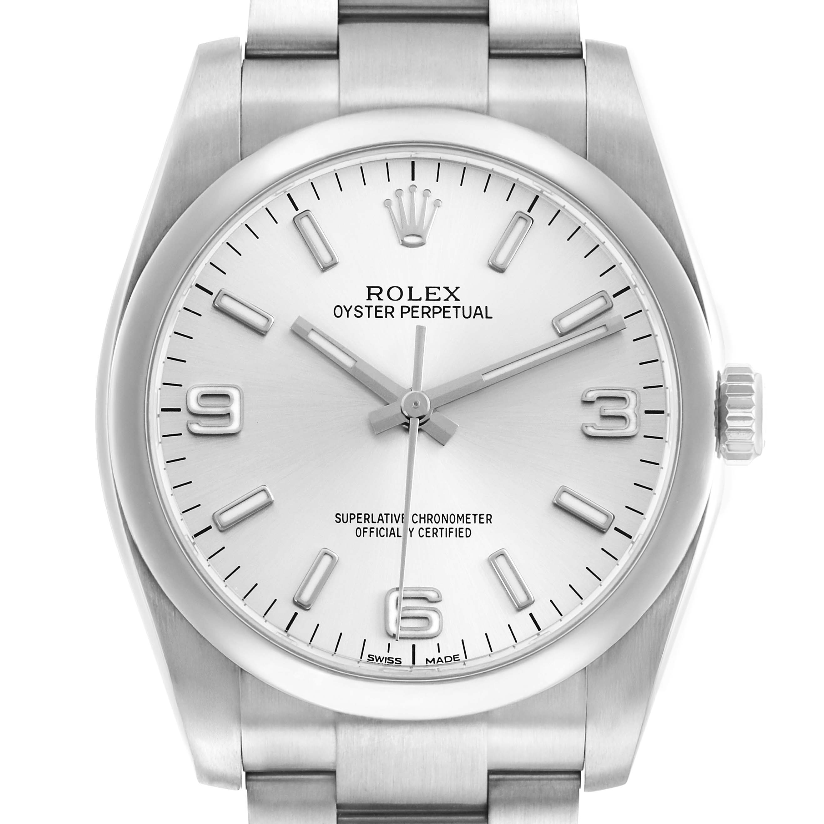 The image shows a front view of a Rolex Oyster Perpetual 116000 Men
s Stainless Steel Silver Dial watch, highlighting the dial, hands, indices, and part of the bracelet.