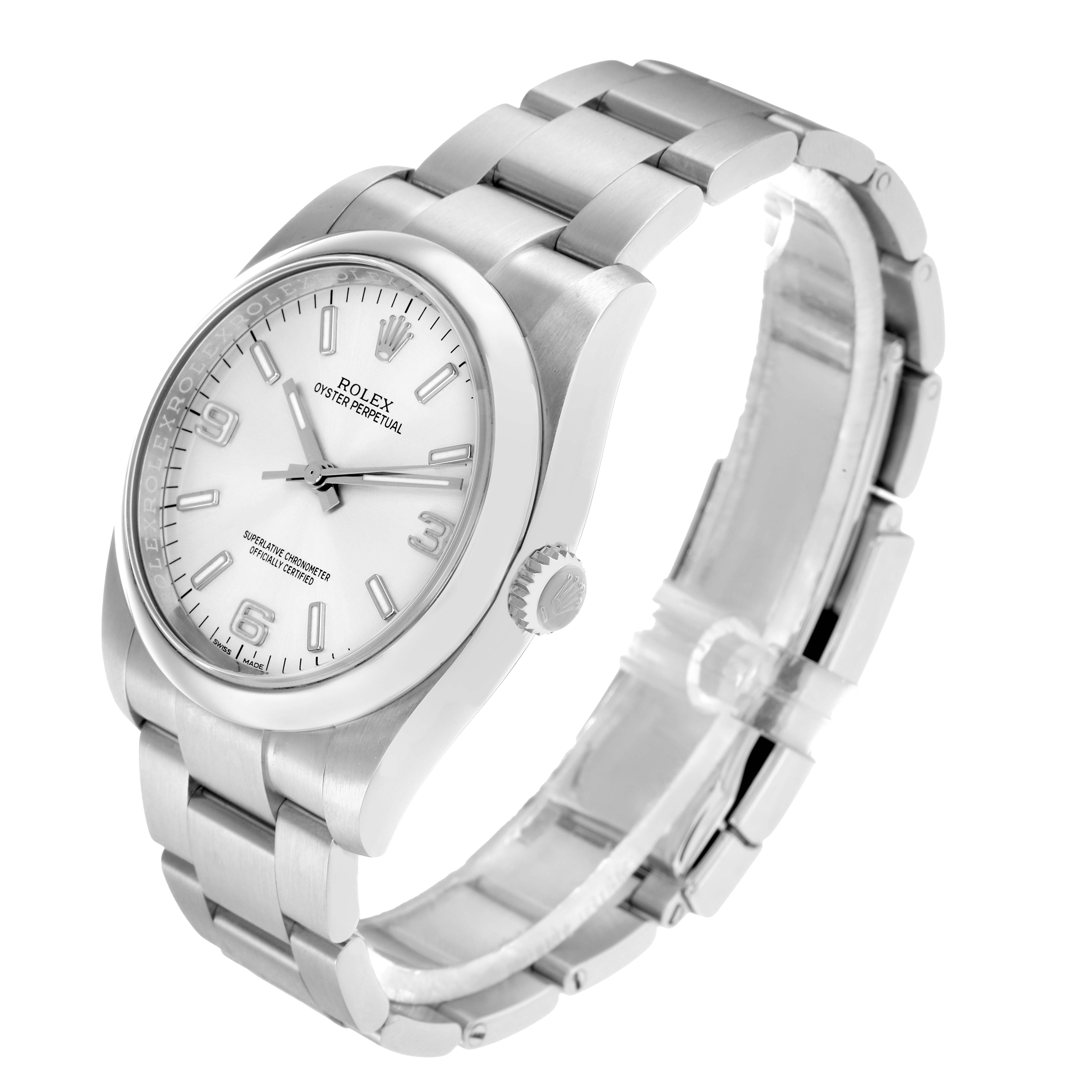 The Rolex Oyster Perpetual 116000 Men
s Stainless Steel Silver Dial watch is shown at a slight angle, displaying the dial, crown, and bracelet.