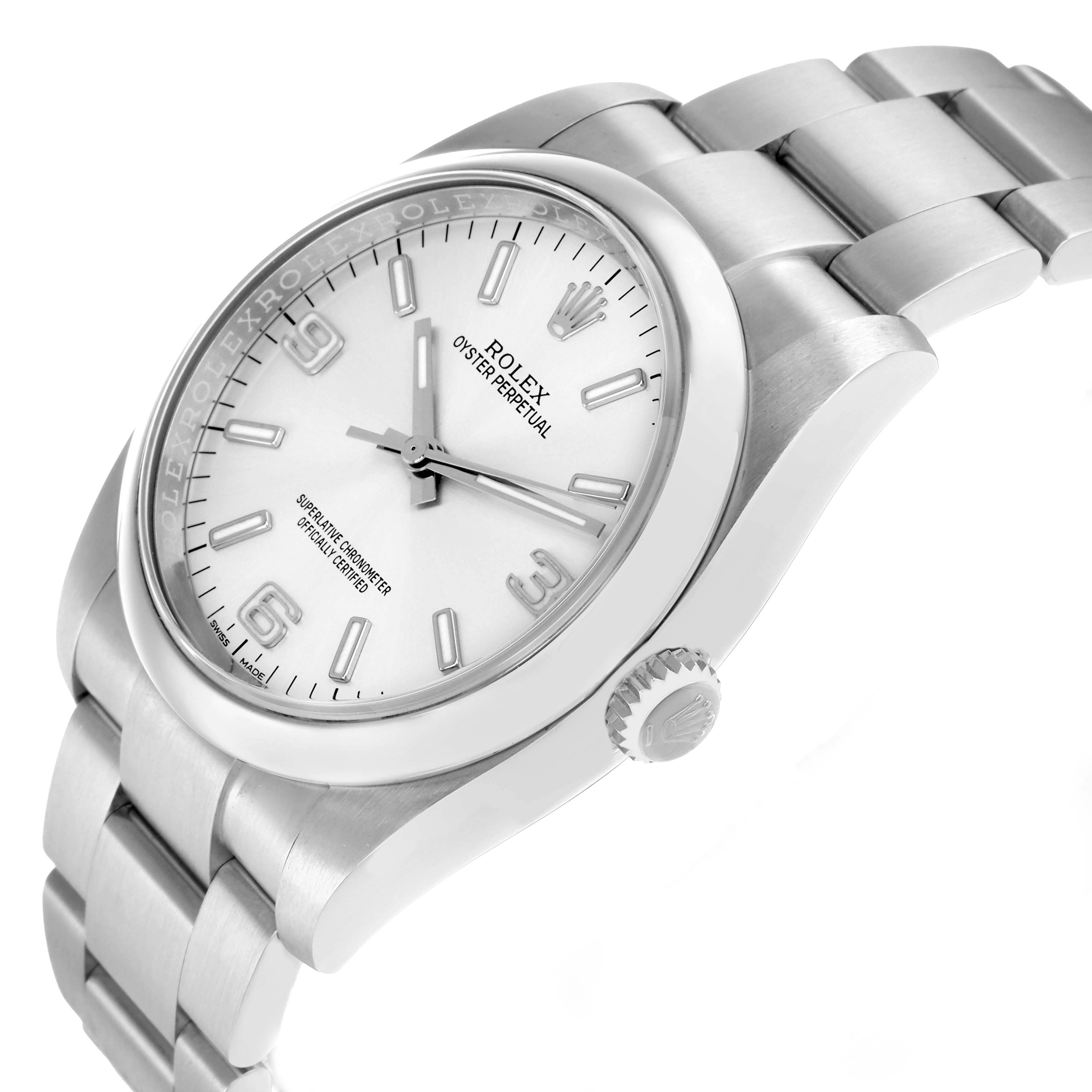 The Rolex Oyster Perpetual 116000 Men
s Stainless Steel Silver Dial watch is shown from an angled side view, highlighting the dial, crown, and bracelet.