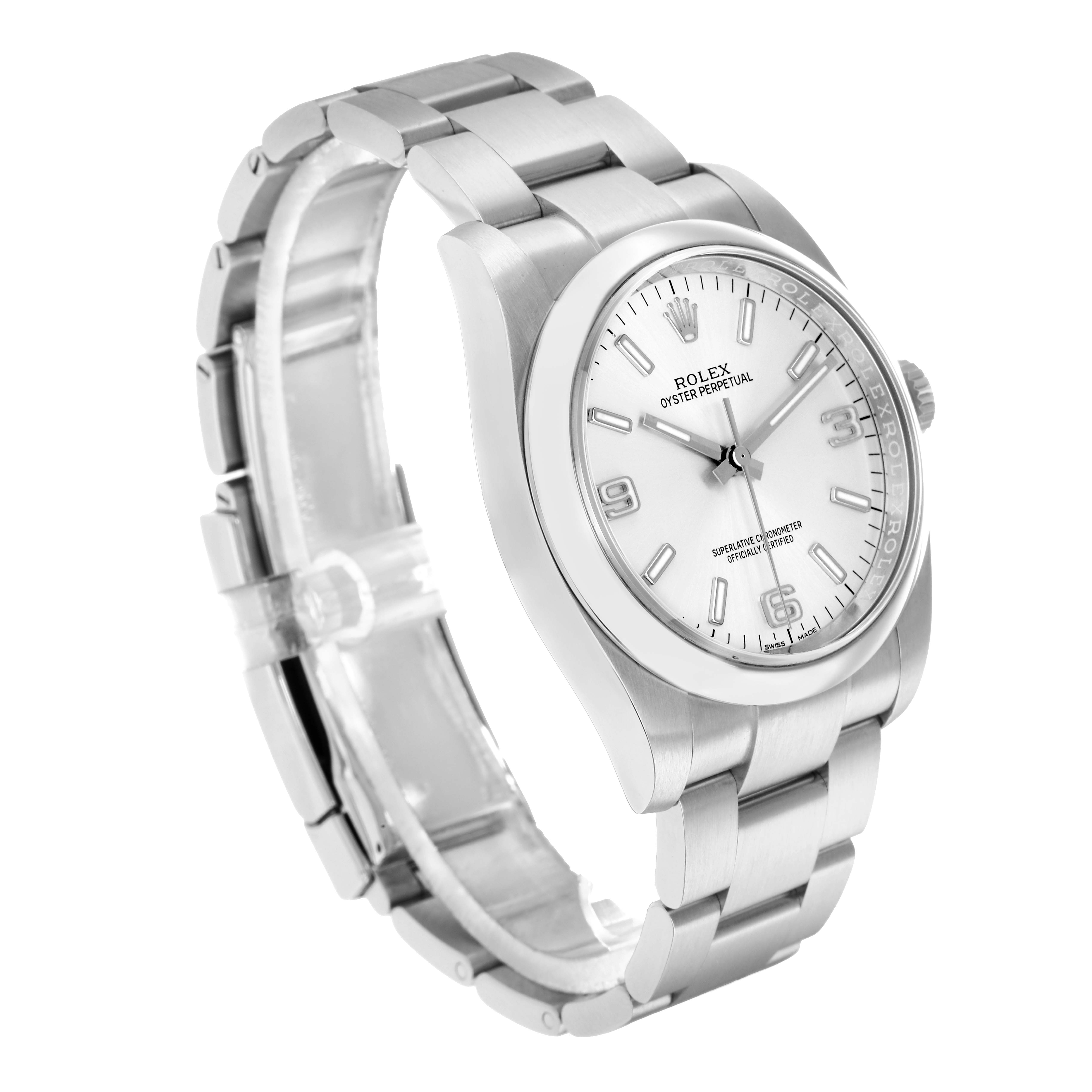 The Rolex Oyster Perpetual 116000 Men
s Stainless Steel Silver Dial watch is shown at a three-quarter angle, highlighting the dial, case, and bracelet.