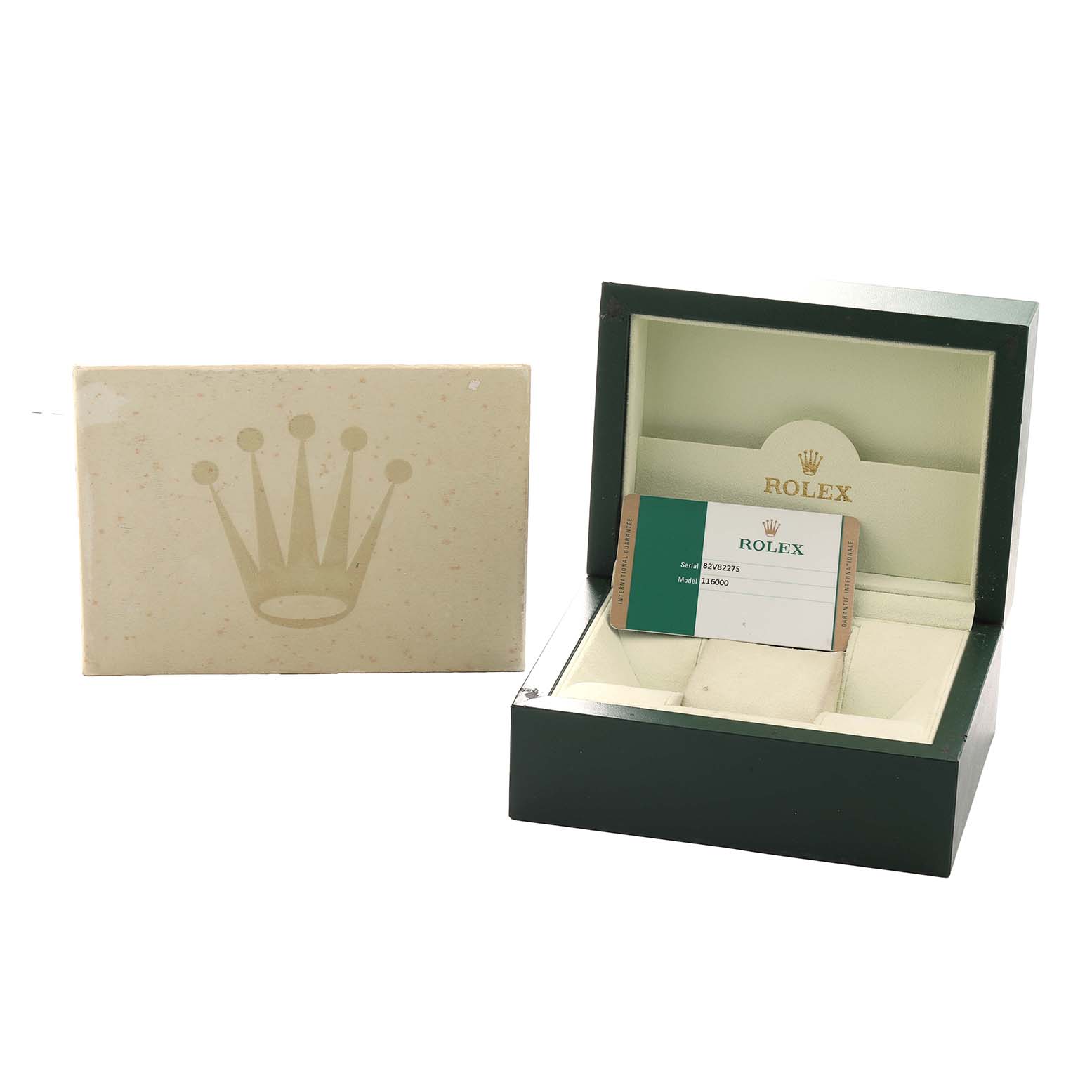 The image shows the open box for the Rolex Oyster Perpetual 116000 Men
s Stainless Steel Silver Dial watch, featuring its packaging and Best Quality
ation card.