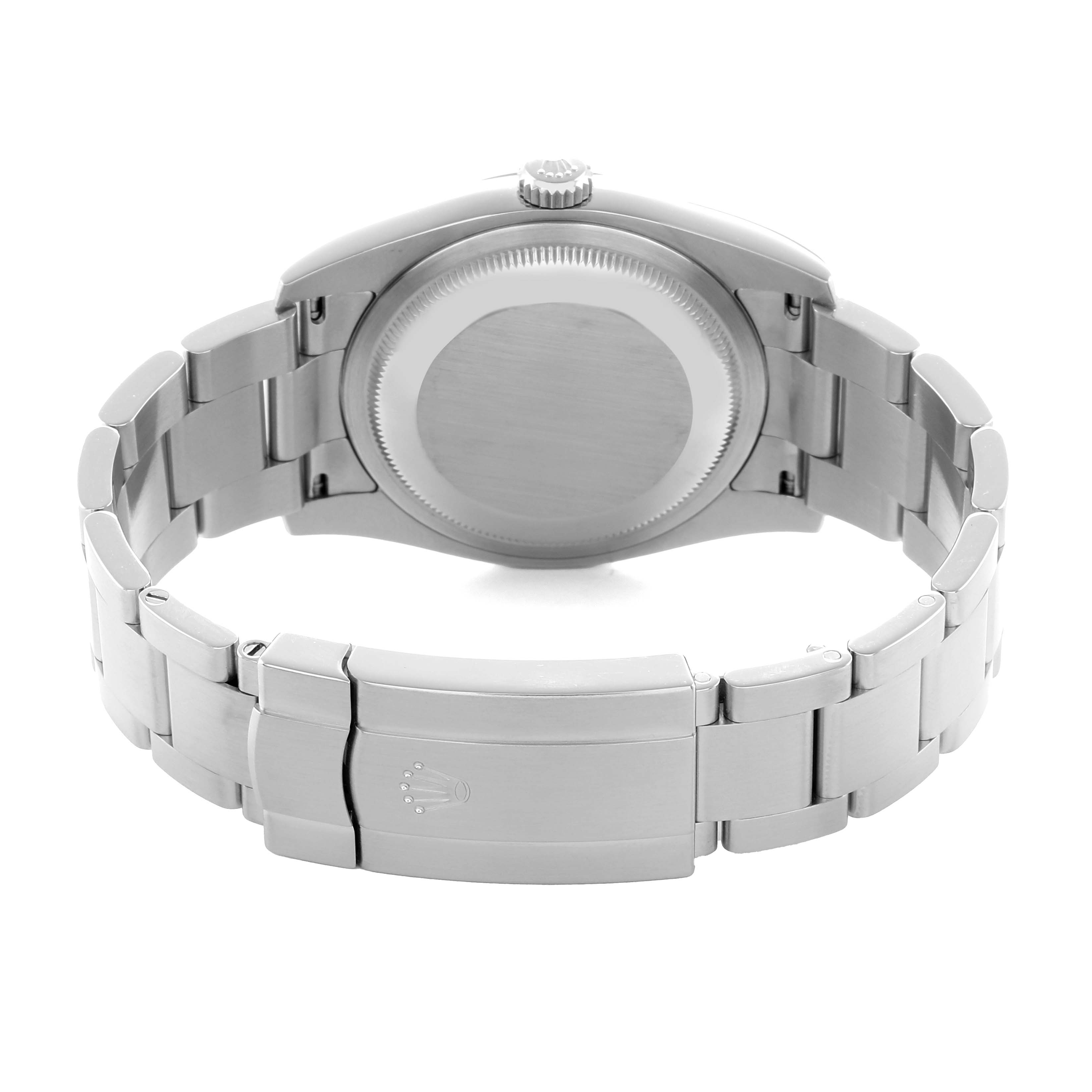 The Rolex Oyster Perpetual 116000 Men
s Stainless Steel Blue Dial watch is shown from the back, highlighting the case back and stainless steel bracelet with clasp.